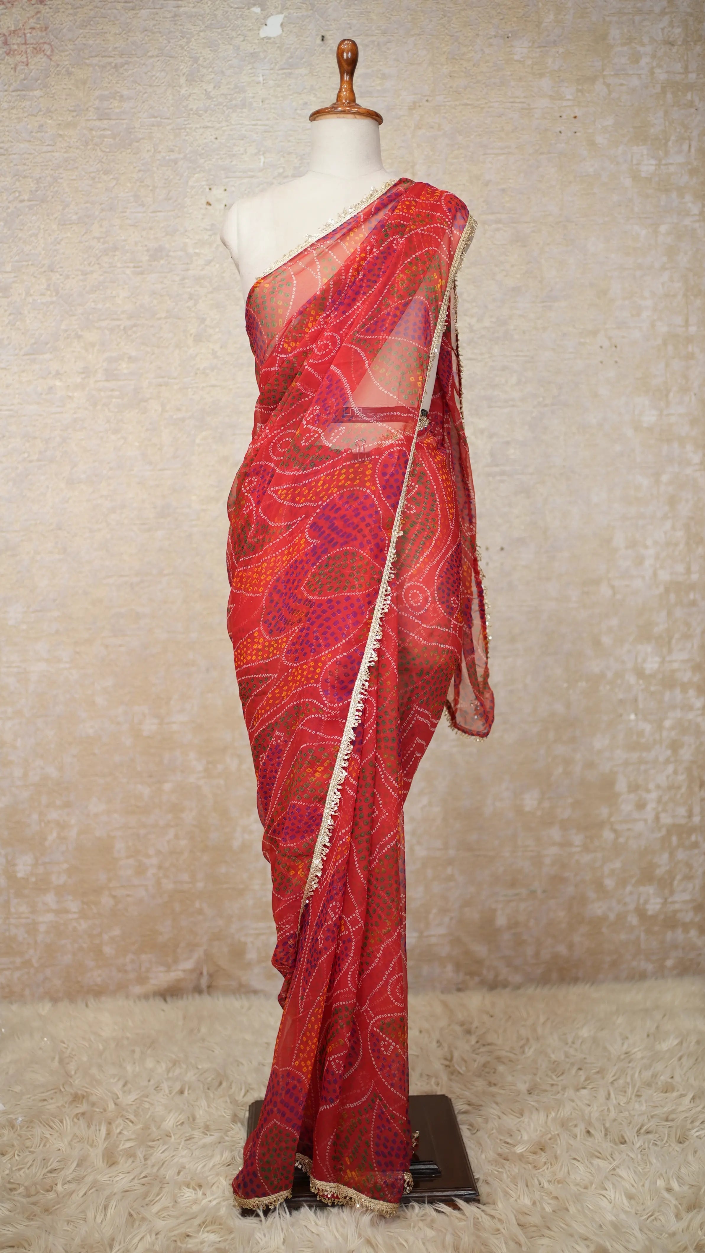 Shekhawati Bandhej Saree with Bandhani Print Lace Pattern in Georgette Fabric