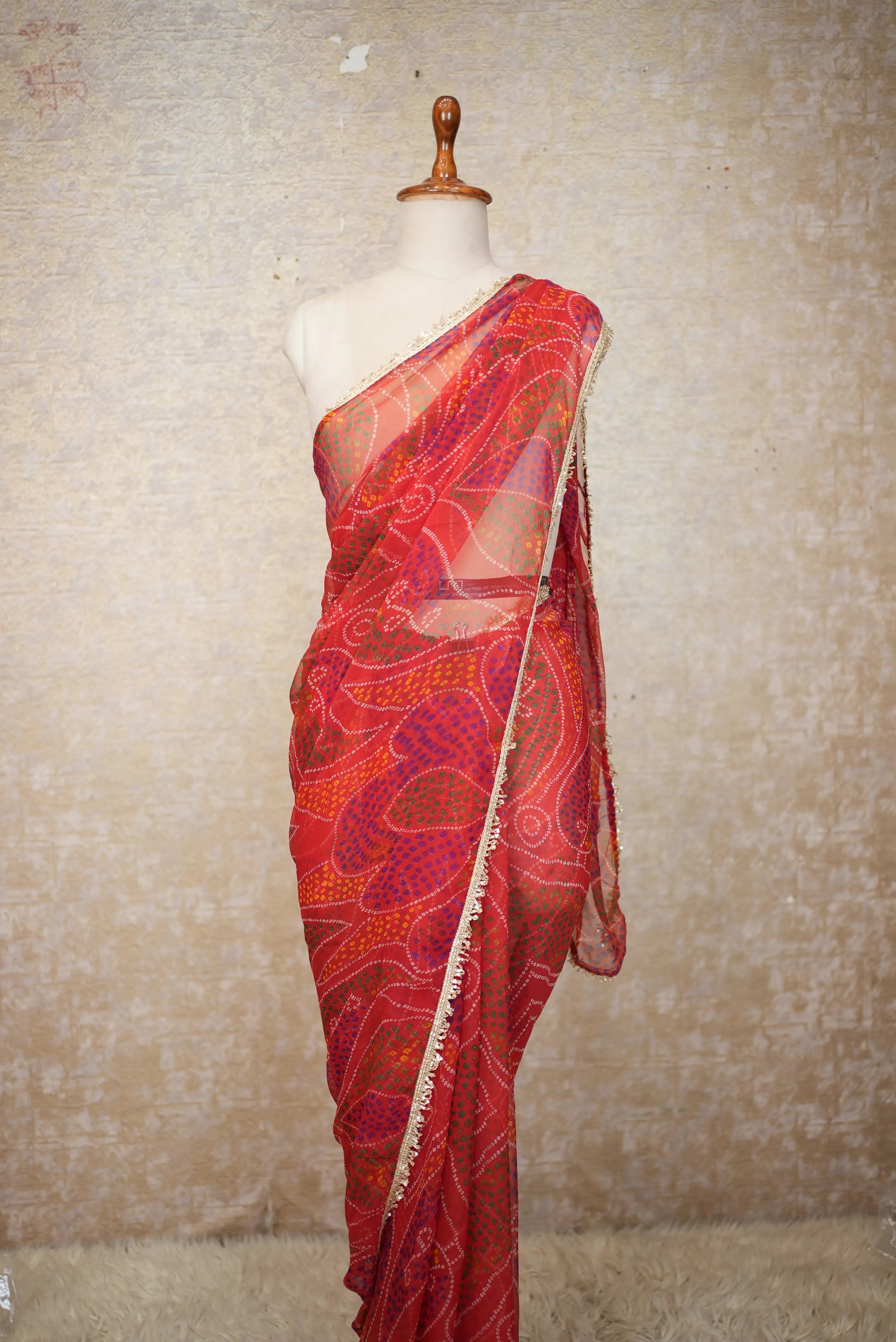 Shekhawati Bandhej Saree with Bandhani Print Lace Pattern in Georgette Fabric