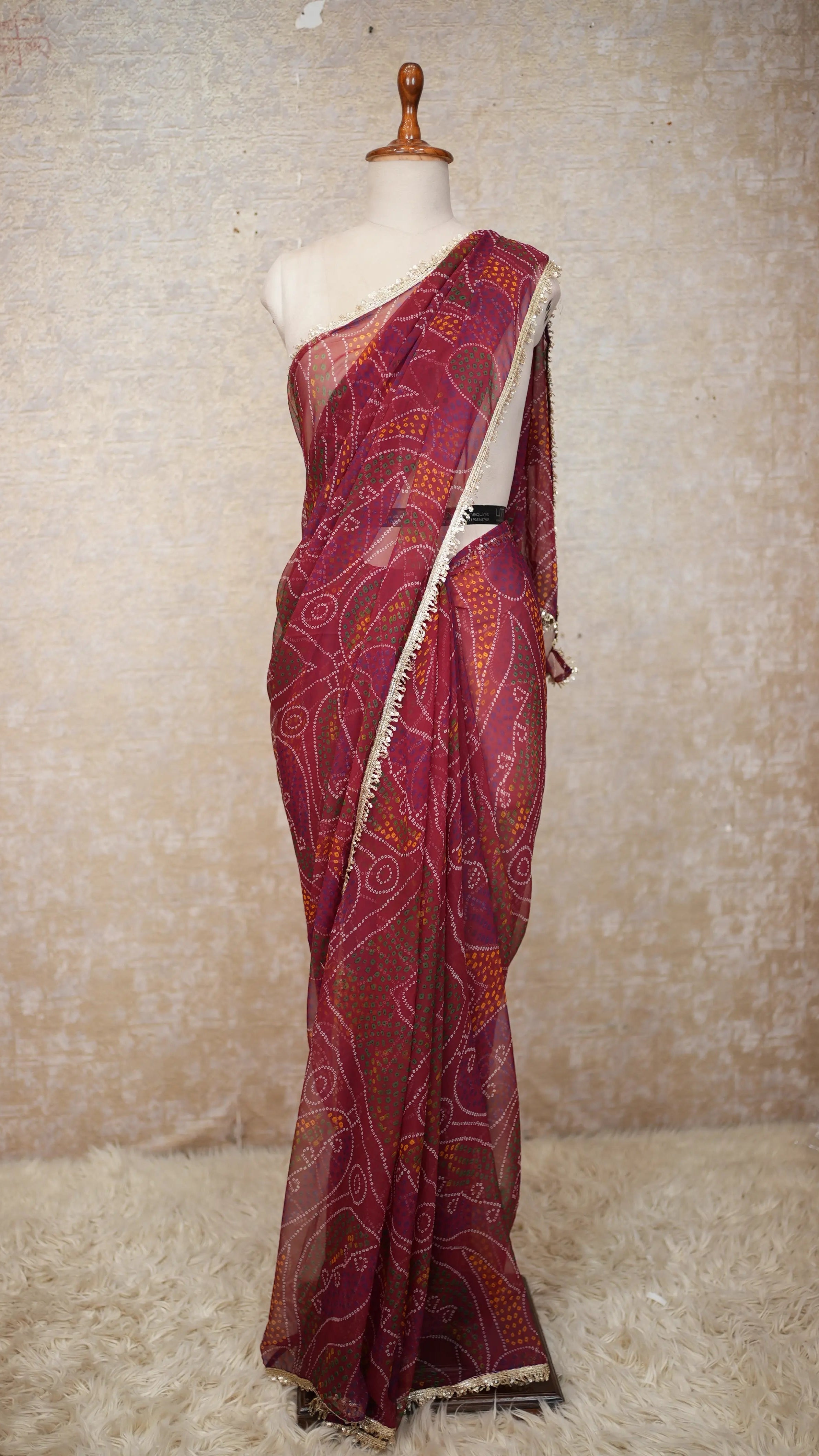 Shekhawati Bandhej Saree with Bandhani Print Lace Pattern in Georgette Fabric