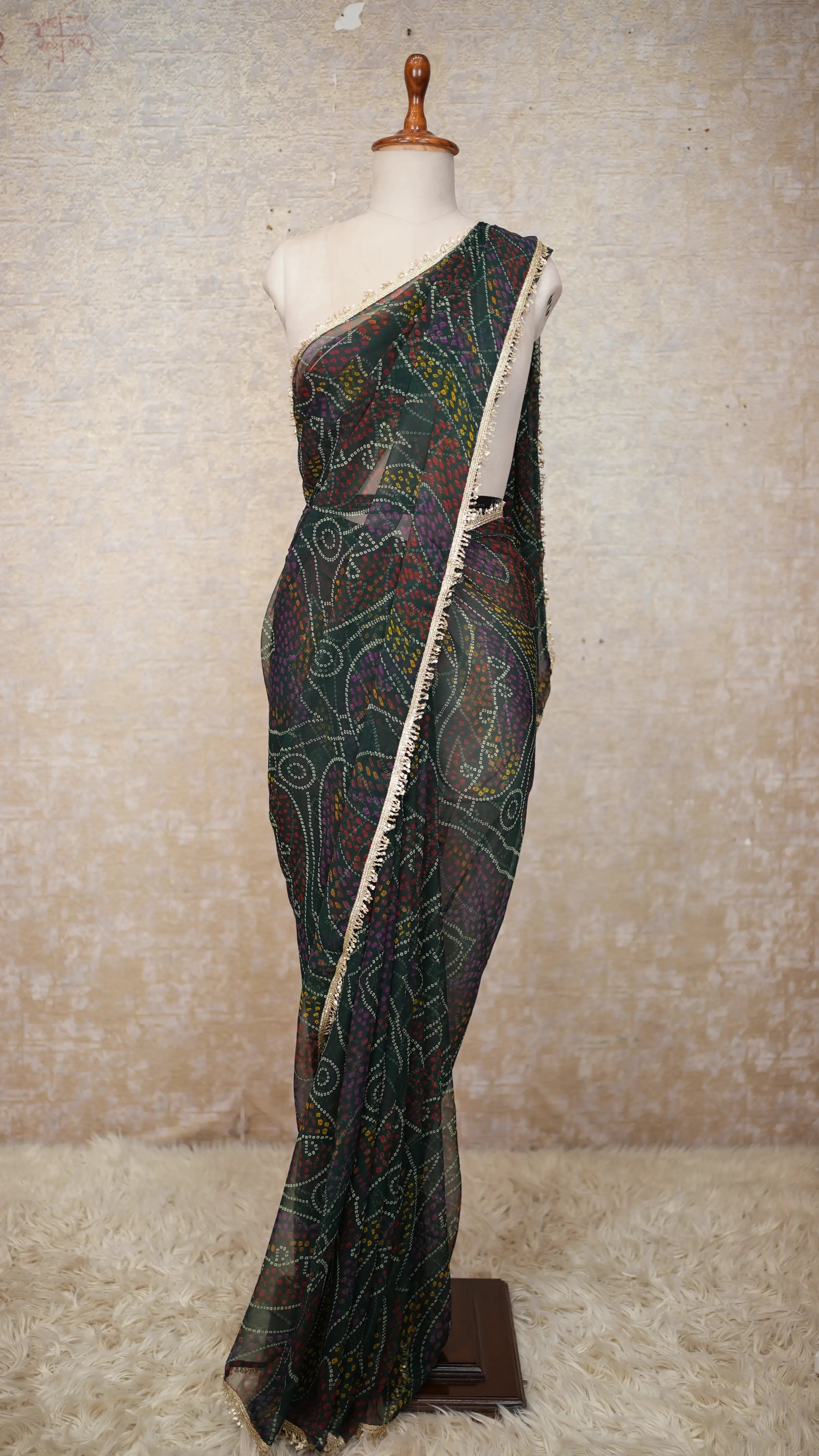 Shekhawati Bandhej Saree with Bandhani Print Lace Pattern in Georgette Fabric