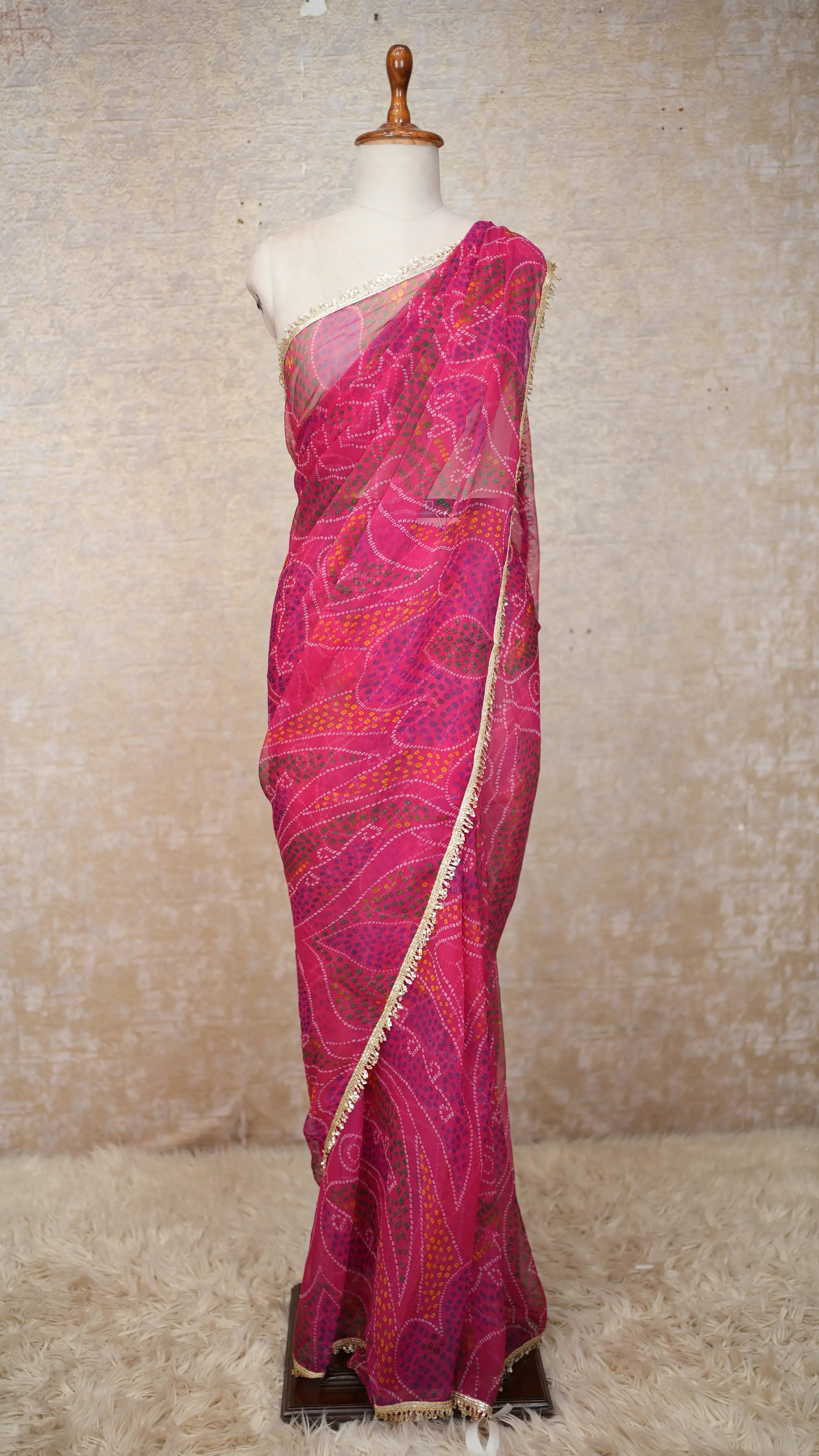 Shekhawati Bandhej Saree with Bandhani Print Lace Pattern in Georgette Fabric