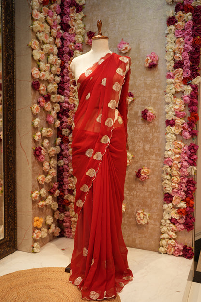 ROYAL GEORGETTE FABRIC BLOOD RED COLOUR SAREE WITH AARI TARI WORK (WITH BLOUSE) ##SR597