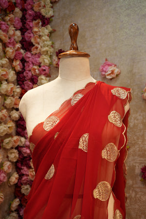 ROYAL GEORGETTE FABRIC BLOOD RED COLOUR SAREE WITH AARI TARI WORK (WITH BLOUSE) ##SR597
