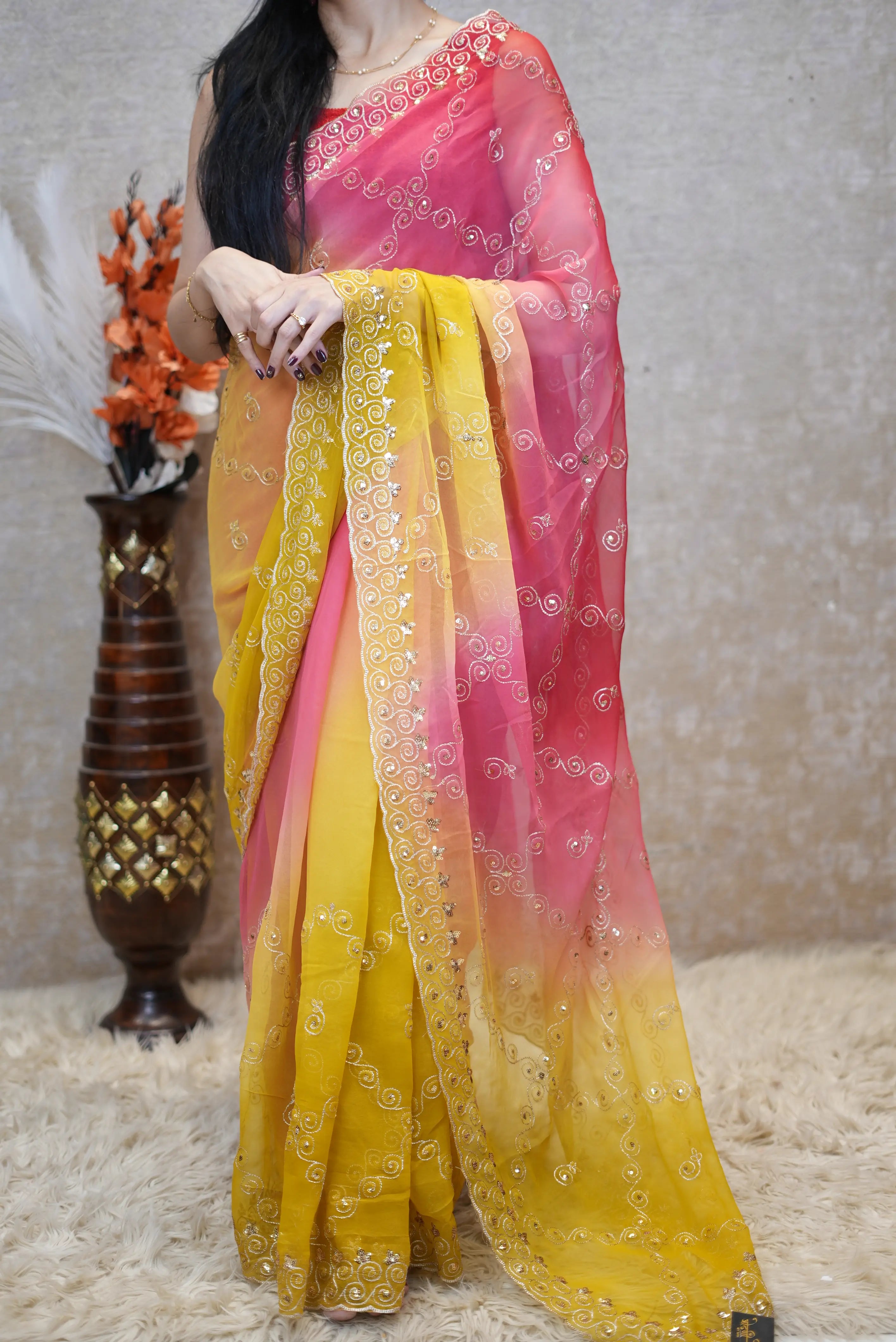 Multishade Darbari Saree With Aari Taari Work on Diamond Georgette Fabric (With Blouse)