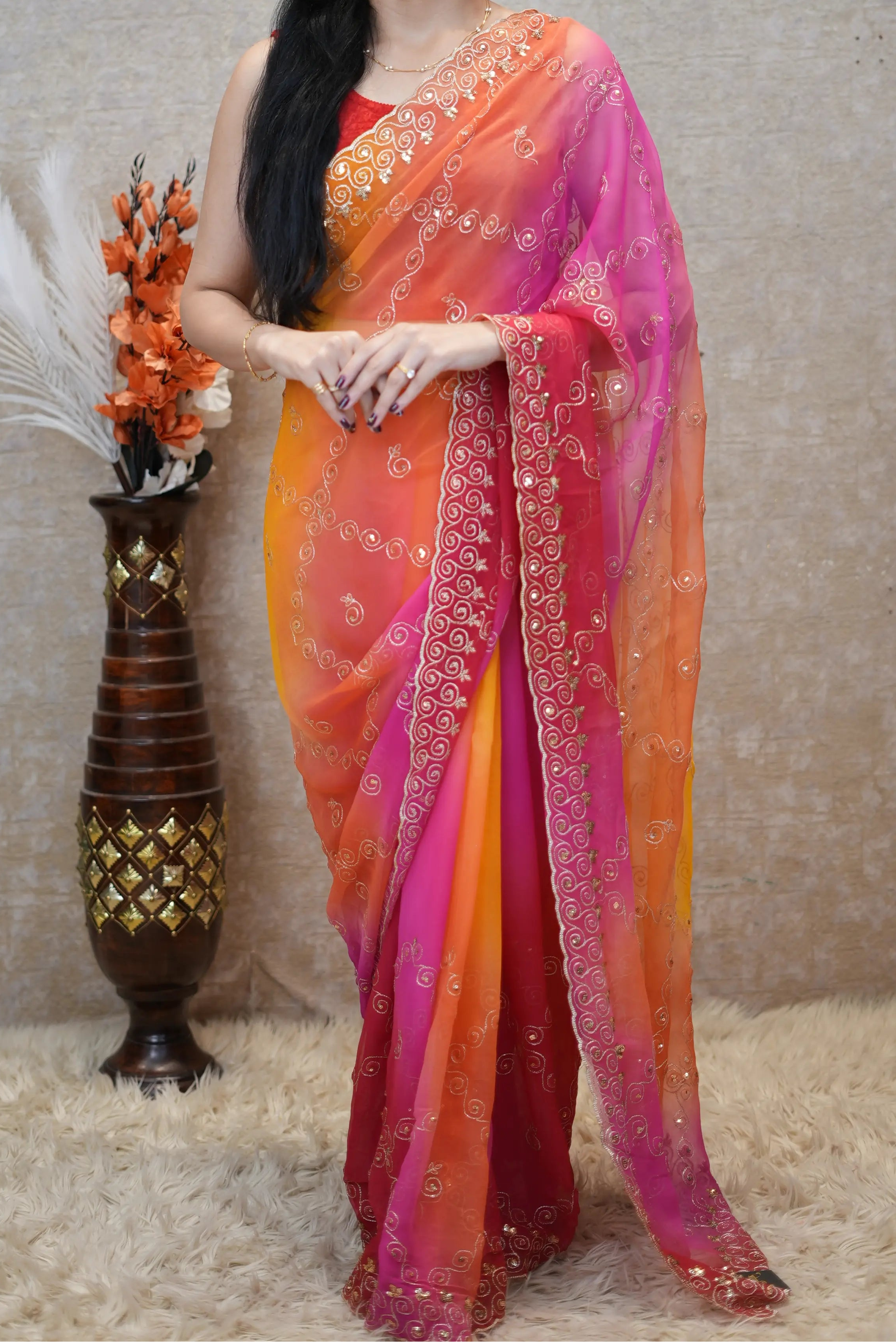 Multishade Darbari Saree With Aari Taari Work on Diamond Georgette Fabric (With Blouse)