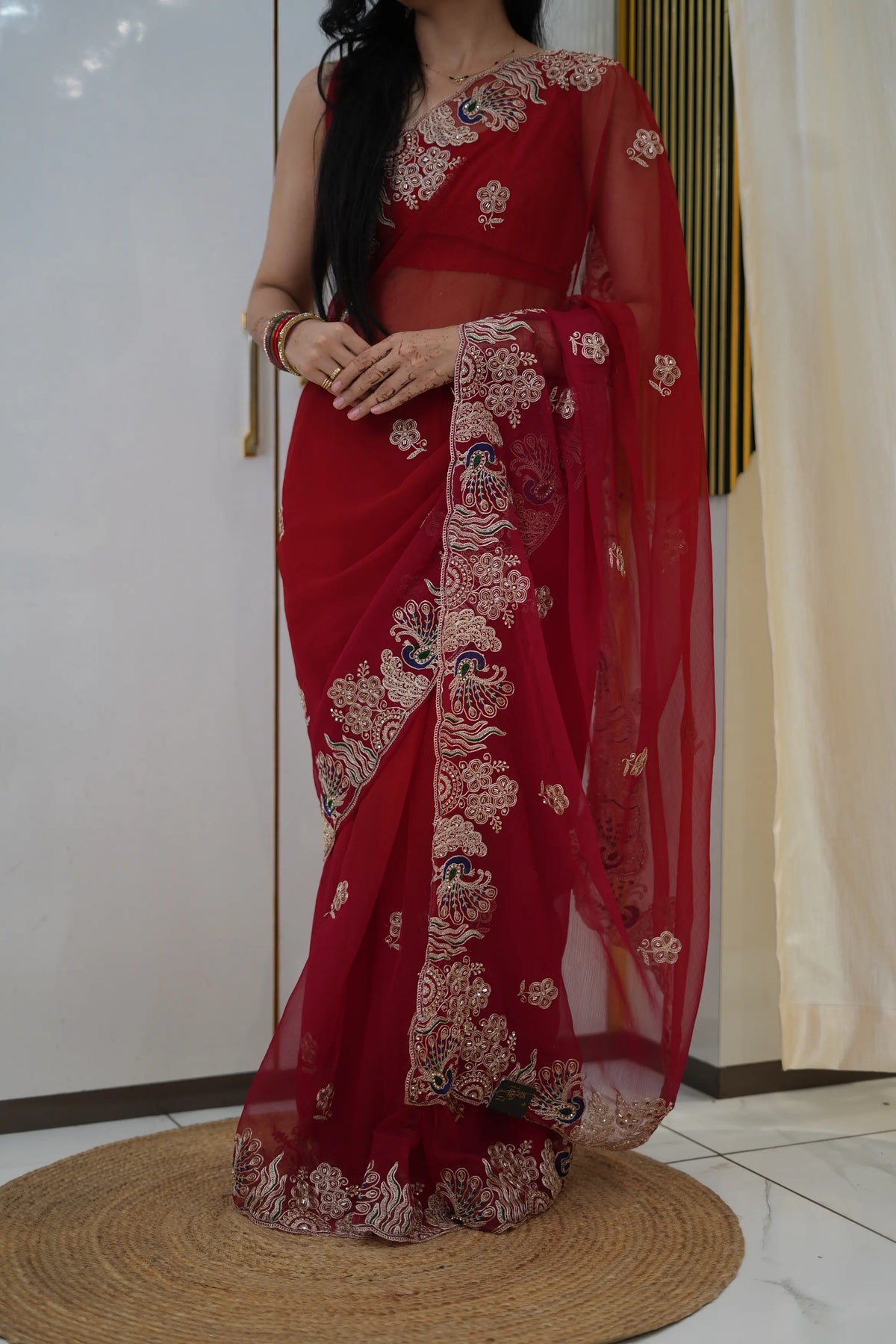 Chiffon Fabric Pitten Work Saree With Peacock Design Buta (With Blouse)