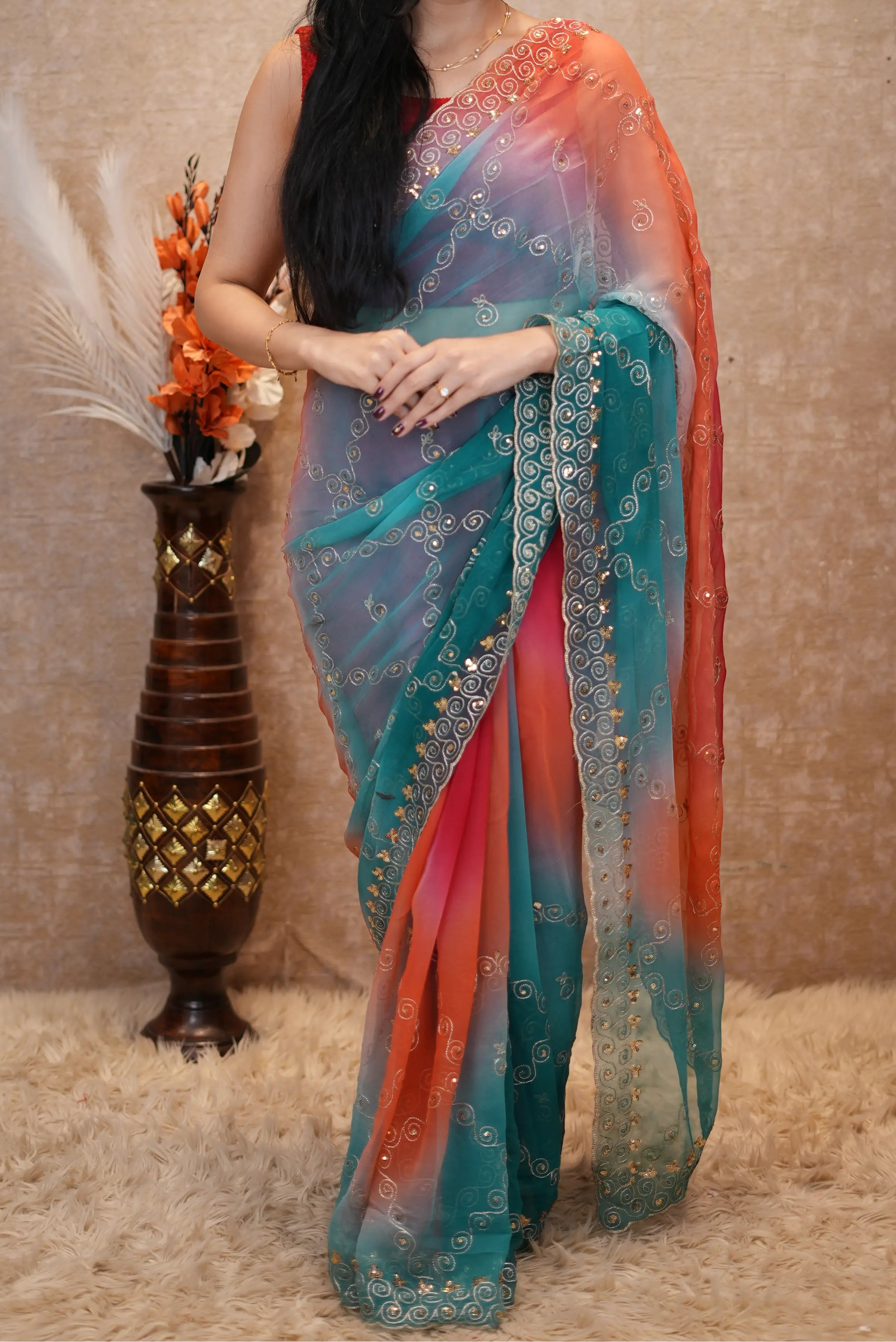 Multishade Darbari Saree With Aari Taari Work on Diamond Georgette Fabric (With Blouse)