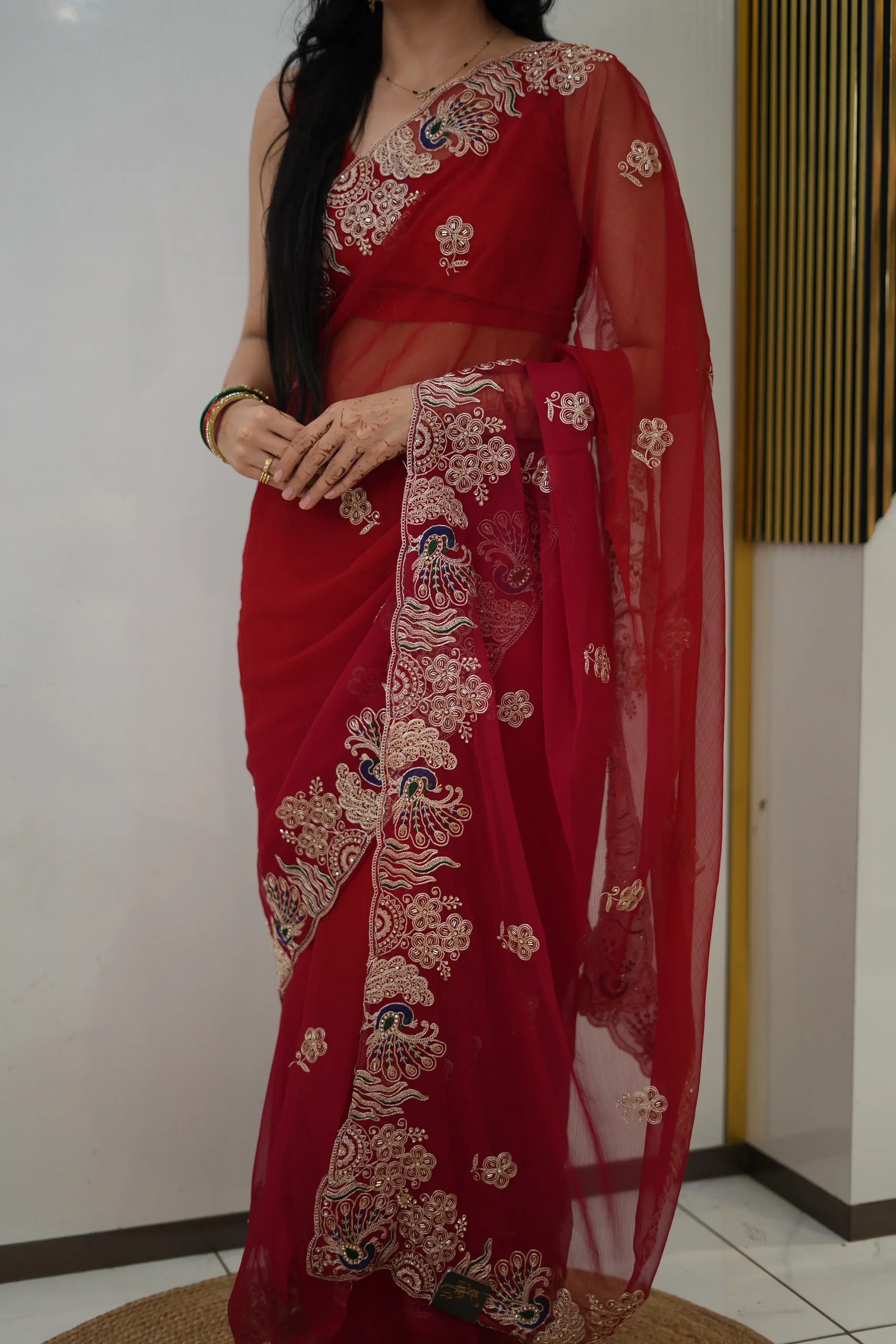 Chiffon Fabric Pitten Work Saree With Peacock Design Buta (With Blouse)