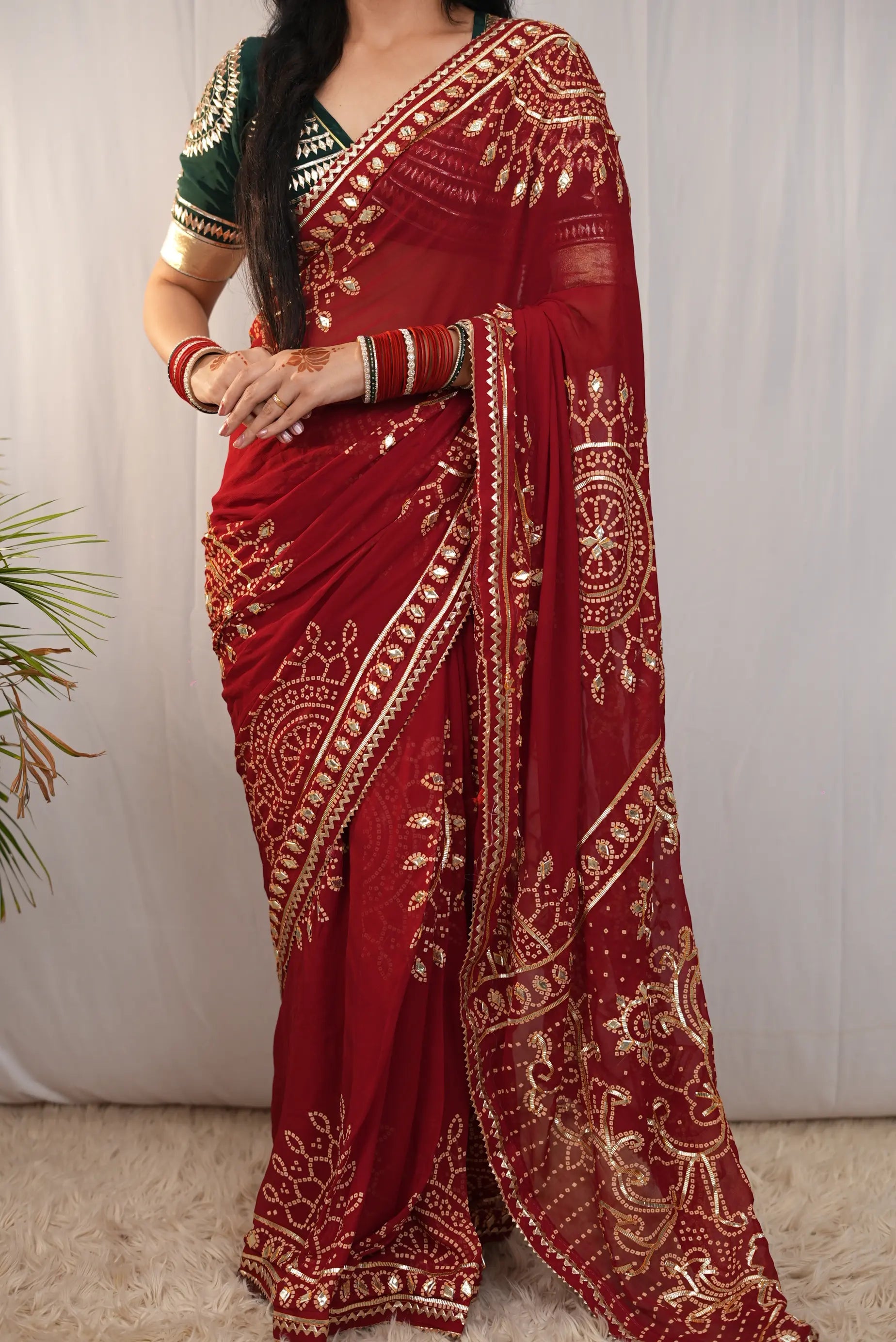 Pure Georgette Febiyana Bandhej Saree with Kacchi Gota Patti Work (With Blouse)