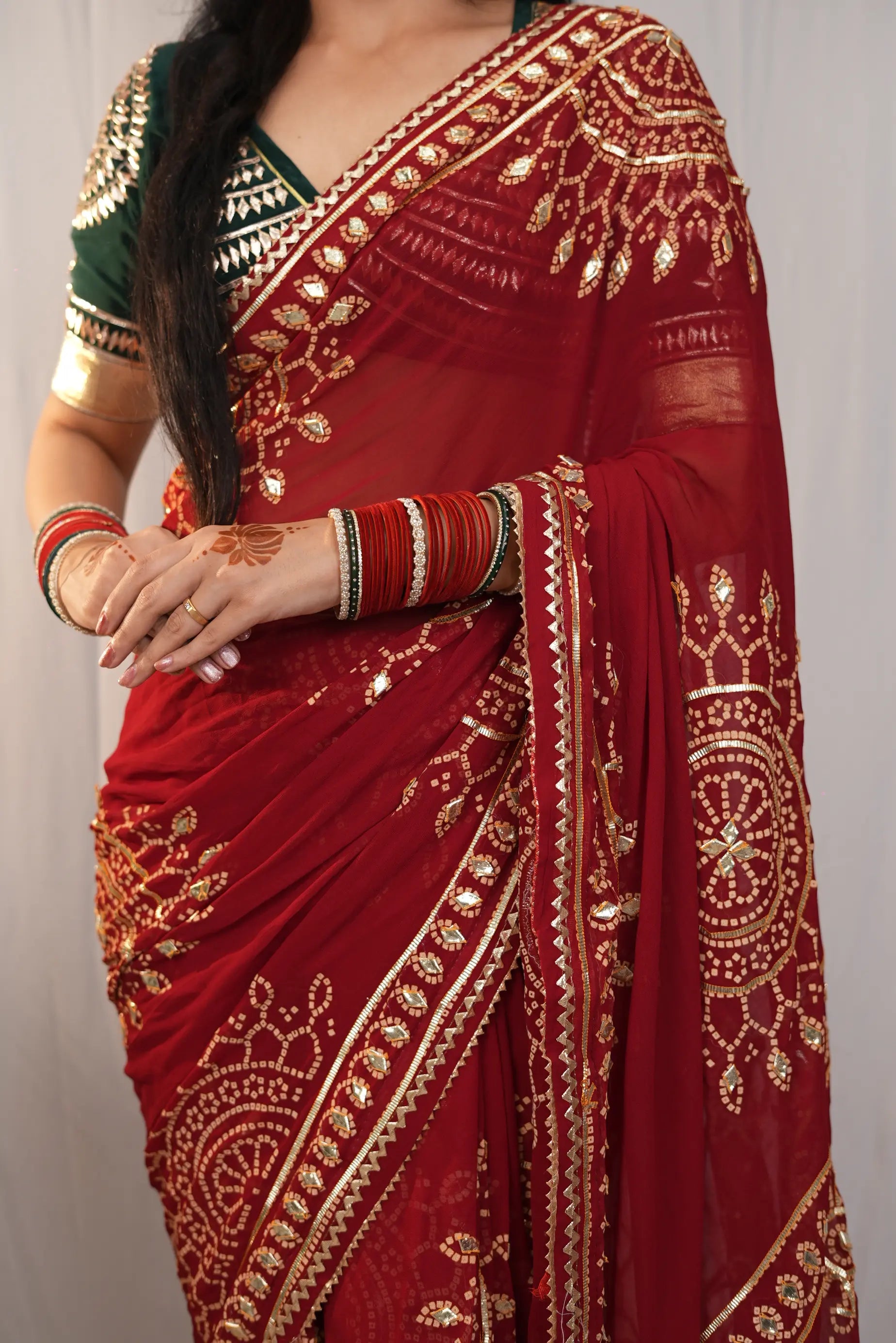Pure Georgette Febiyana Bandhej Saree with Kacchi Gota Patti Work (With Blouse)