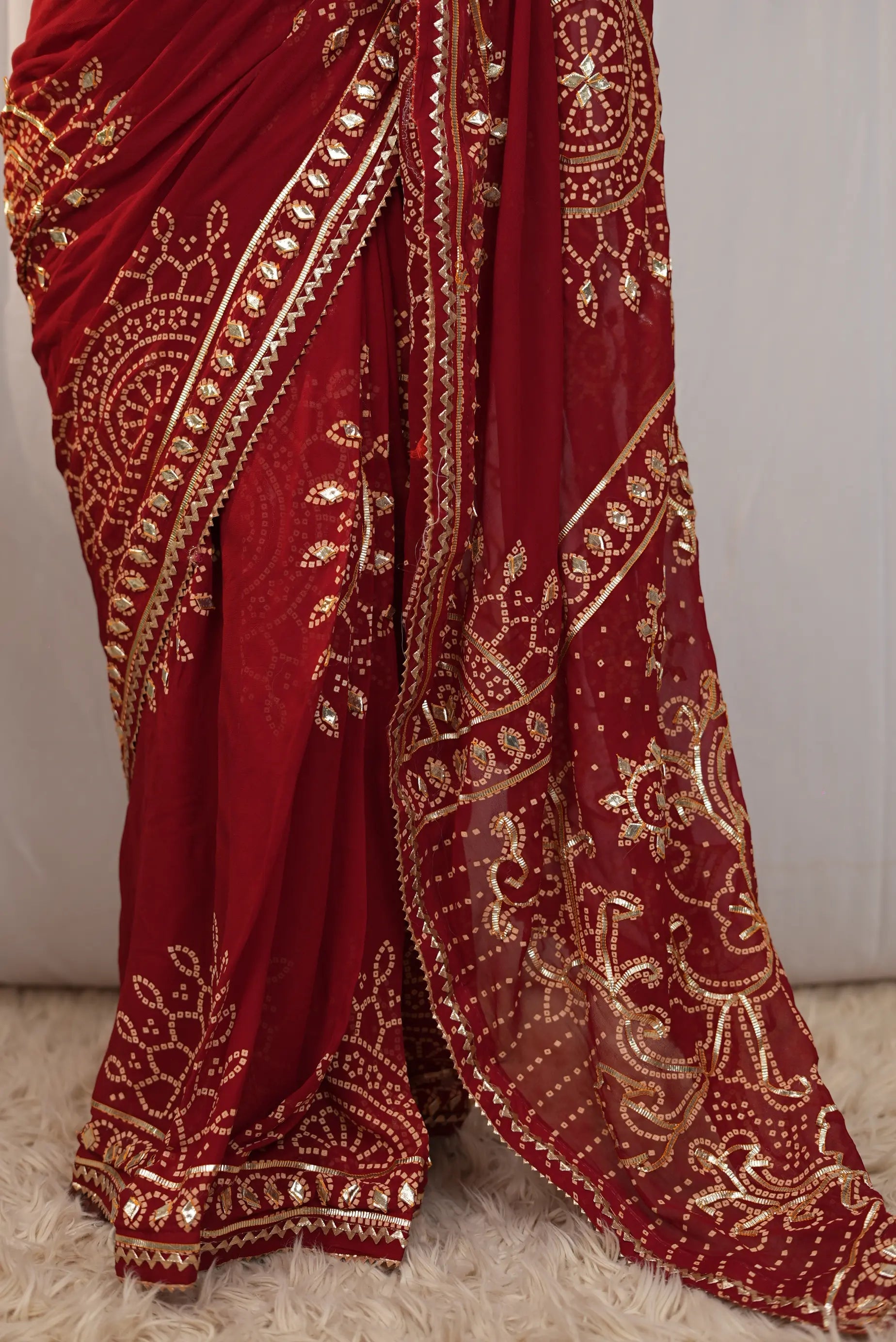 Pure Georgette Febiyana Bandhej Saree with Kacchi Gota Patti Work (With Blouse)