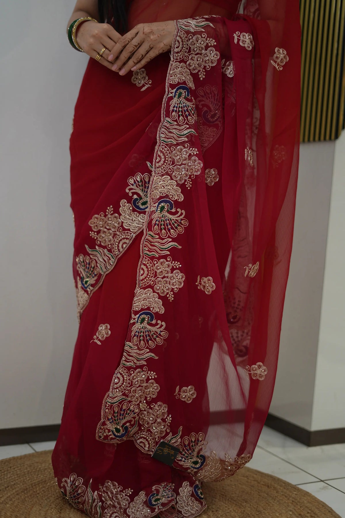 Chiffon Fabric Pitten Work Saree With Peacock Design Buta (With Blouse)