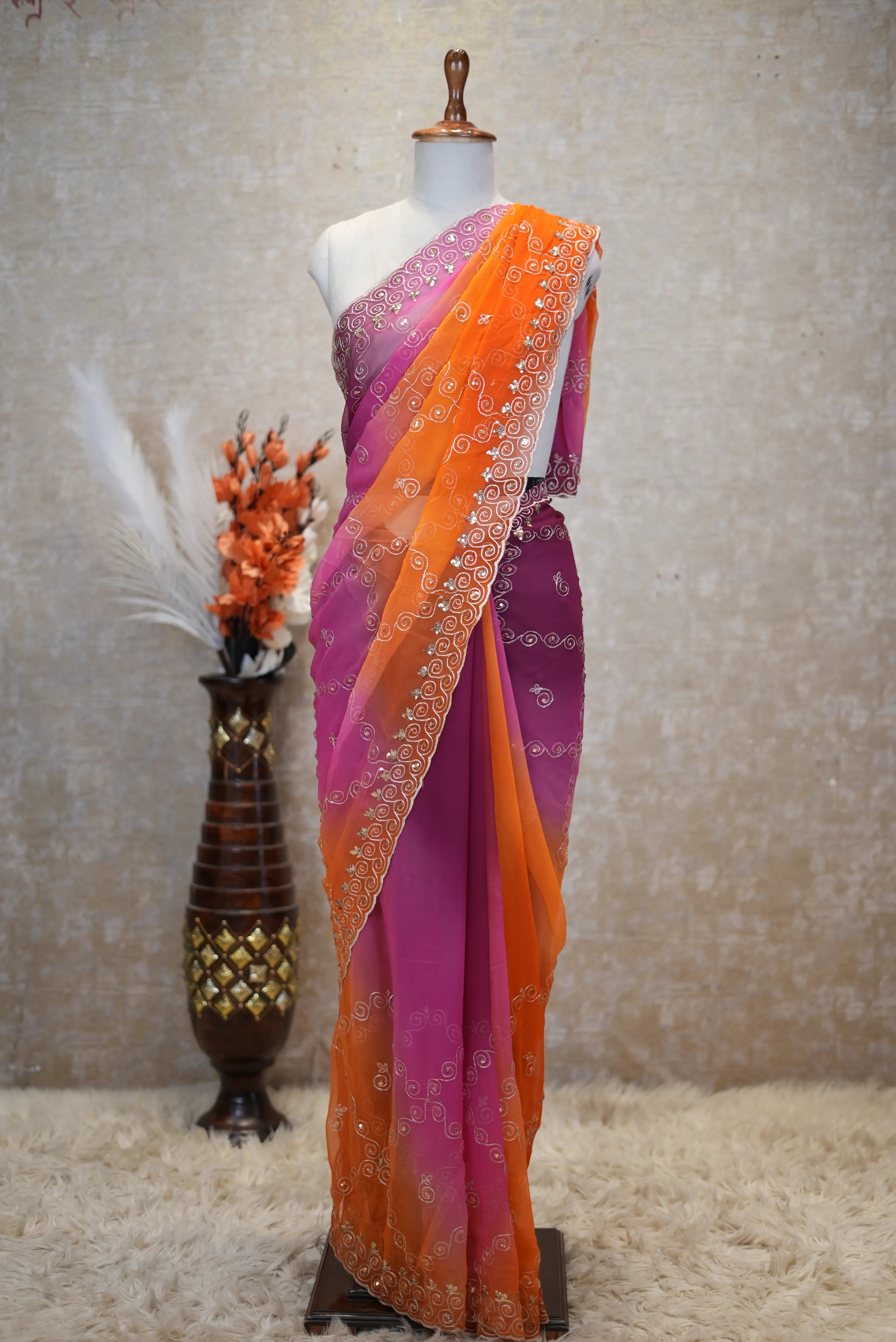 Multishade Darbari Saree With Aari Taari Work on Diamond Georgette Fabric (With Blouse)