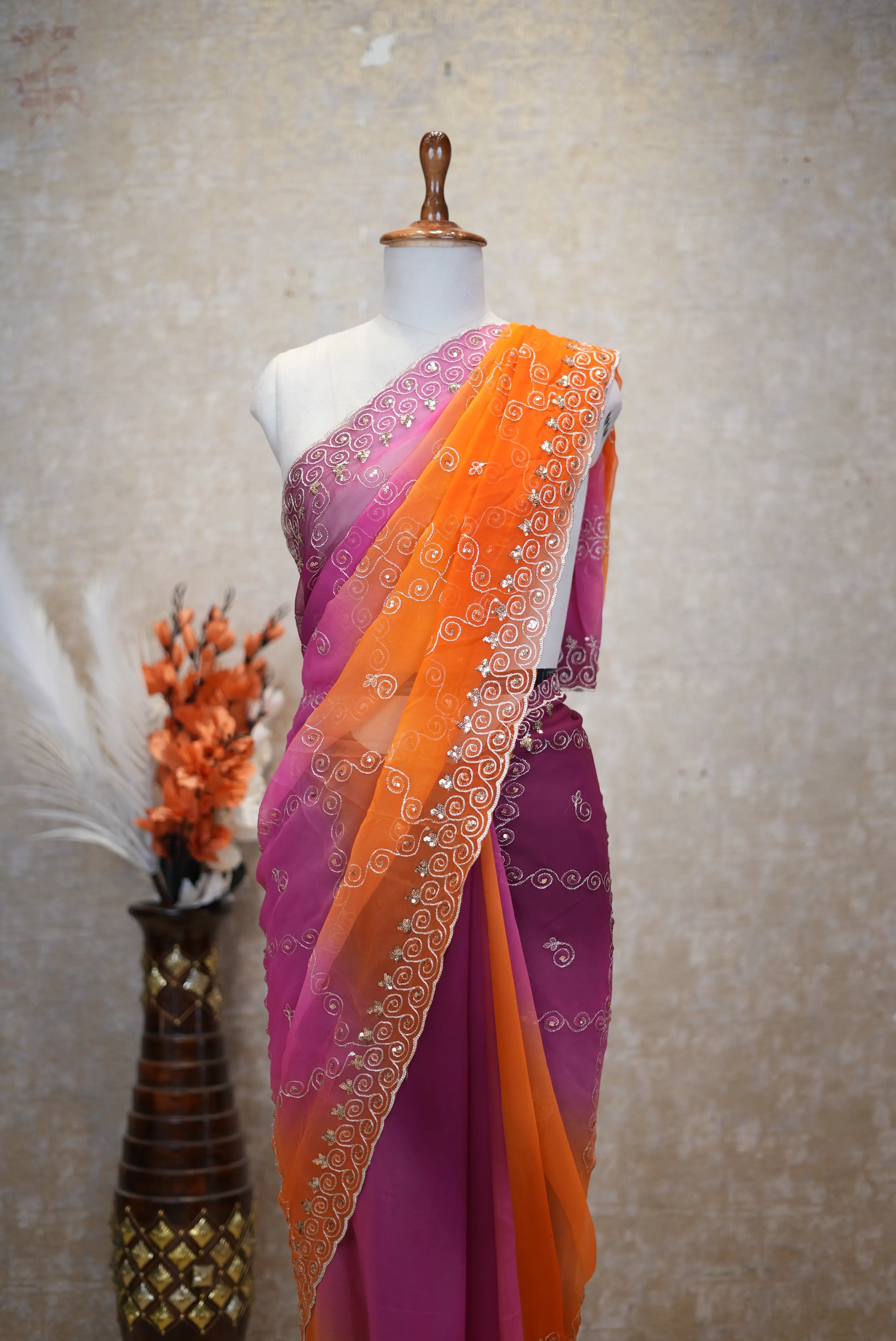 Multishade Darbari Saree With Aari Taari Work on Diamond Georgette Fabric (With Blouse)