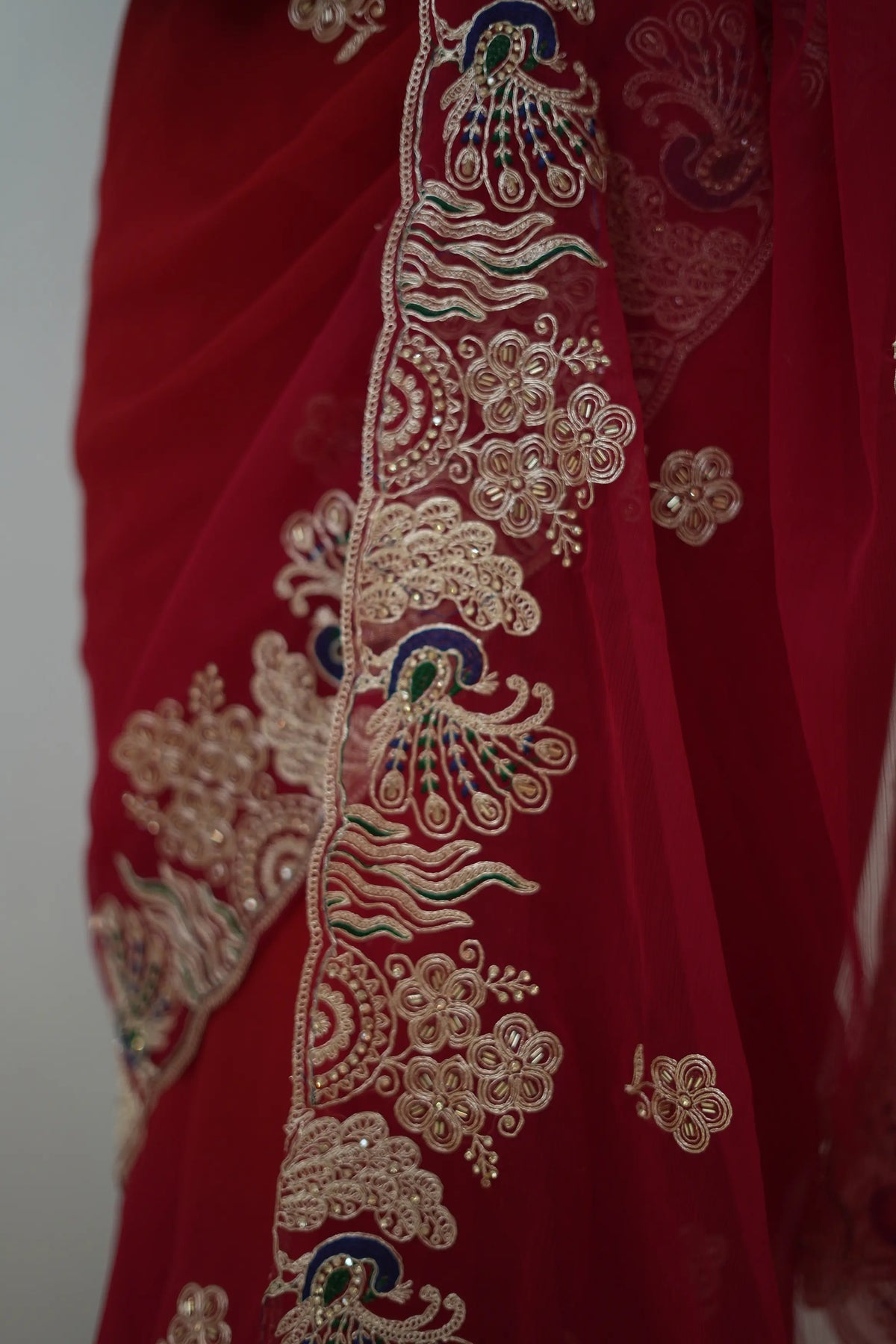 Chiffon Fabric Pitten Work Saree With Peacock Design Buta (With Blouse)
