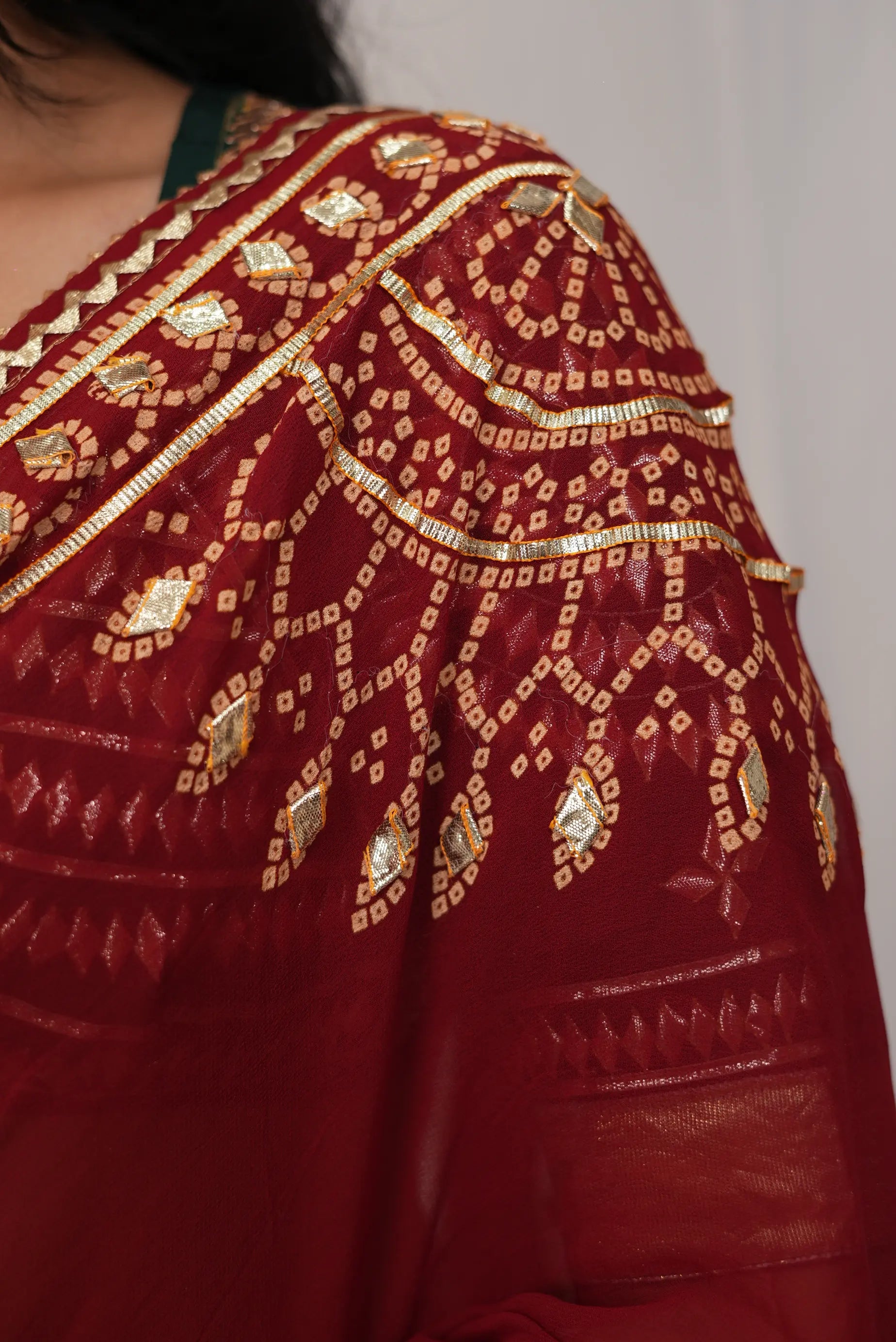 Pure Georgette Febiyana Bandhej Saree with Kacchi Gota Patti Work (With Blouse)