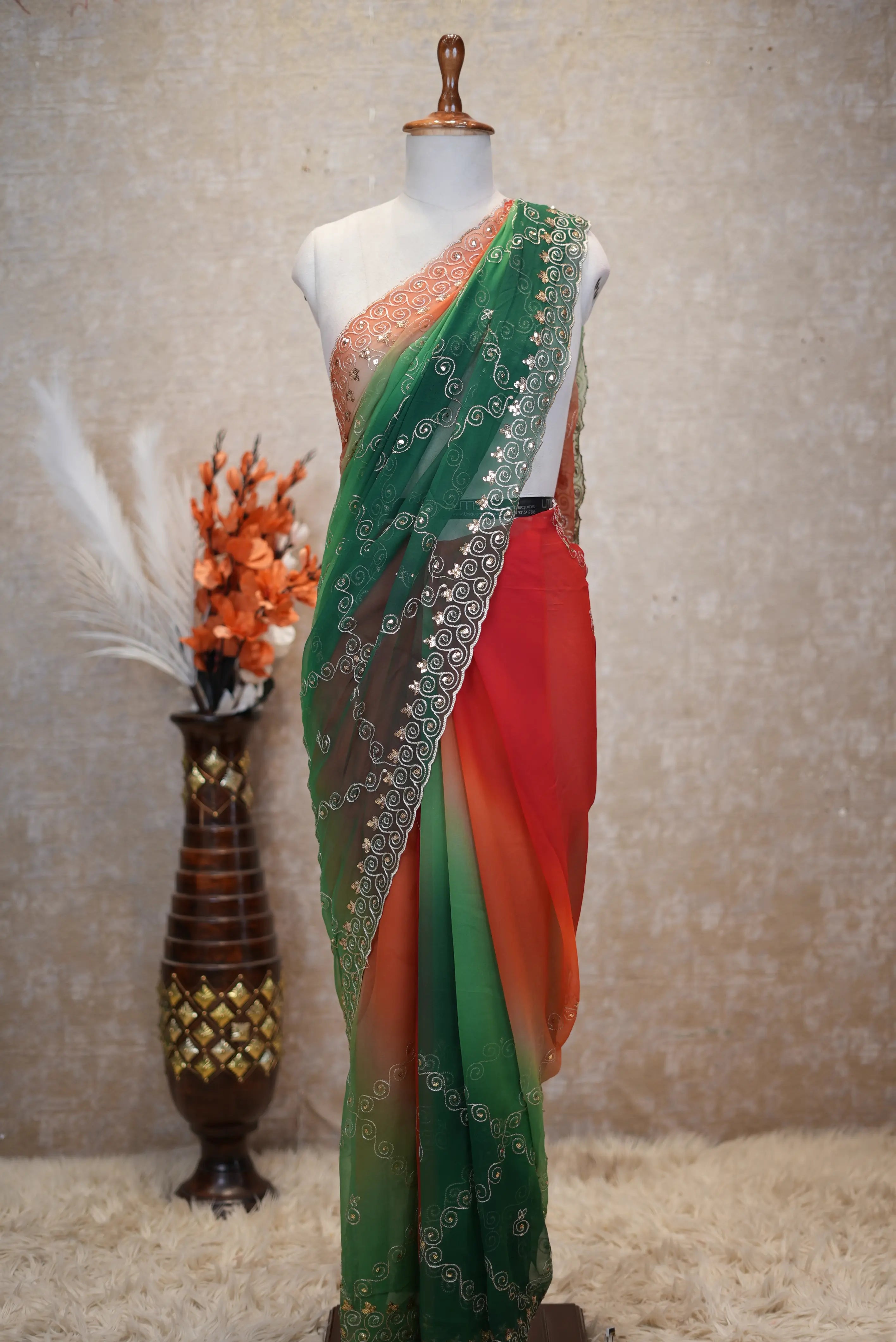 Multishade Darbari Saree With Aari Taari Work on Diamond Georgette Fabric (With Blouse)
