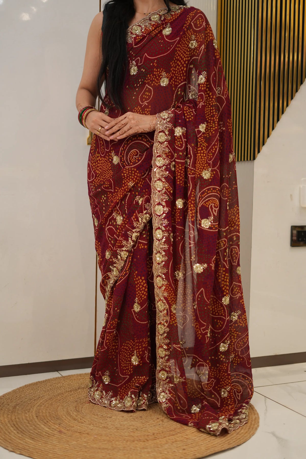 Traditional Shekhawati Bandhej Georgette Saree With Beads Work (With Blouse)