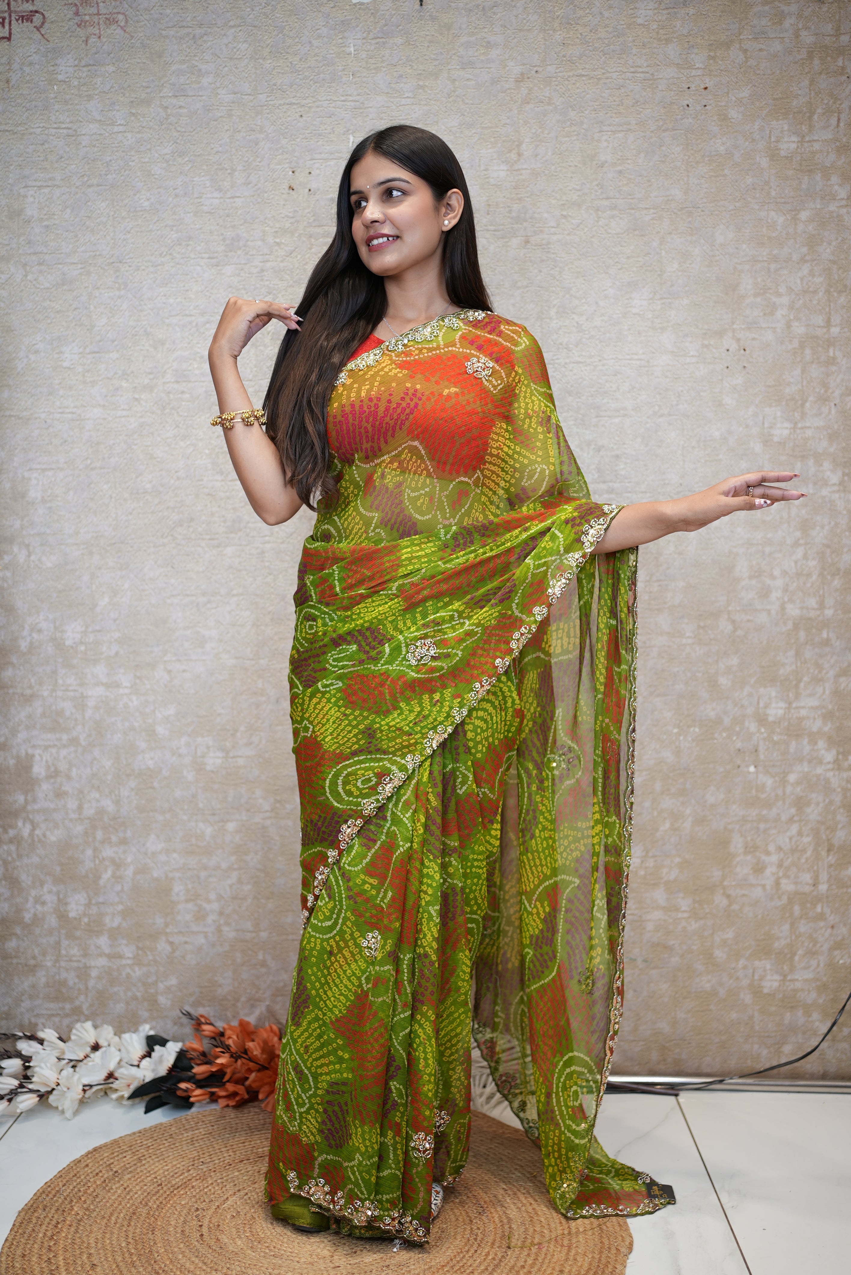 SHEKHAWATI BANDHEJ SAREE WITH SEQUINS & CUTDANA WORK(WITH BLOUSE)
