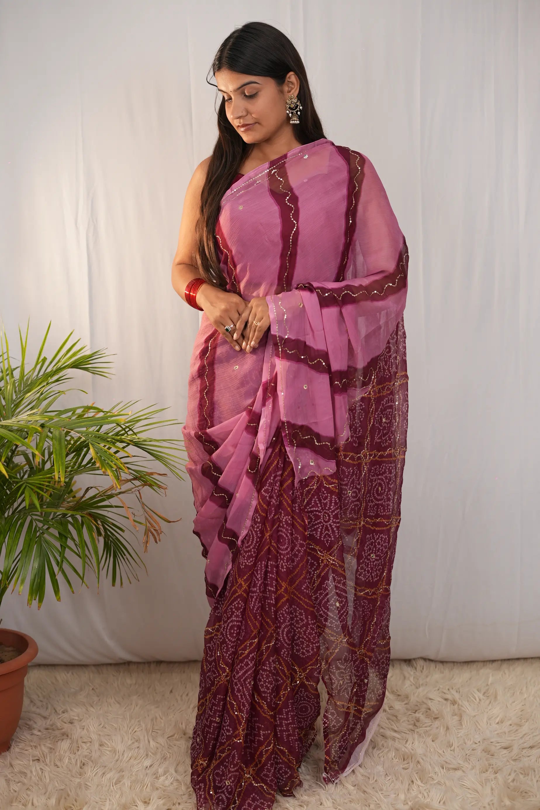 Rajasthani Bandhani Leheriya Saree with Aari Taari & Sequin Work (Without Blouse)