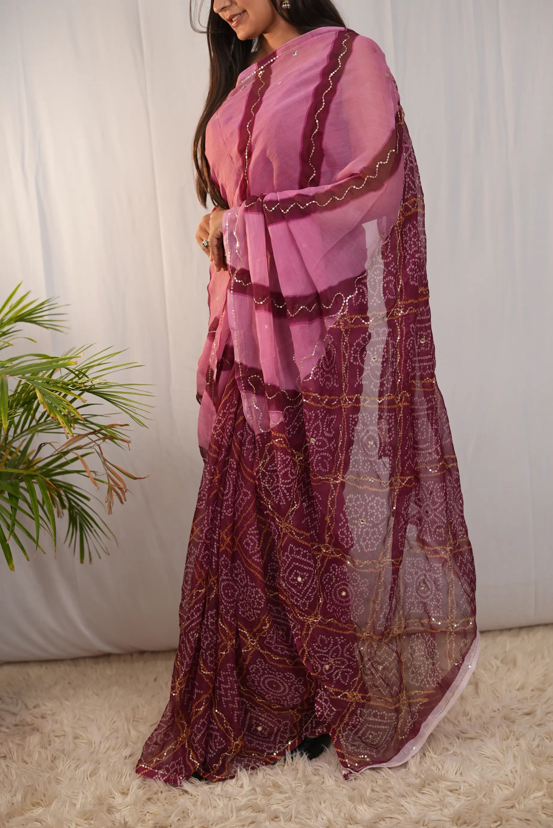 Rajasthani Bandhani Leheriya Saree with Aari Taari & Sequin Work (Without Blouse)