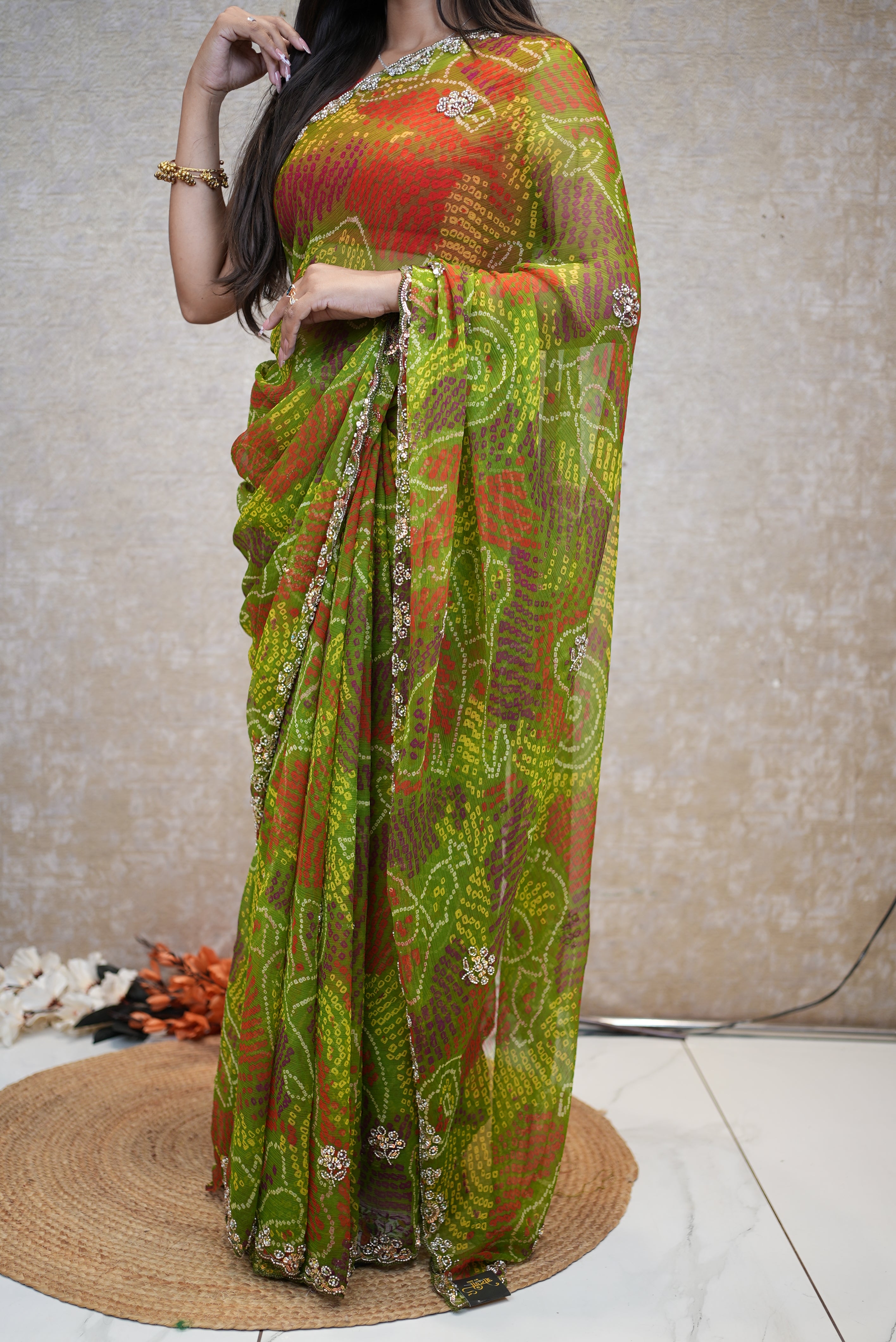 SHEKHAWATI BANDHEJ SAREE WITH SEQUINS & CUTDANA WORK(WITH BLOUSE)