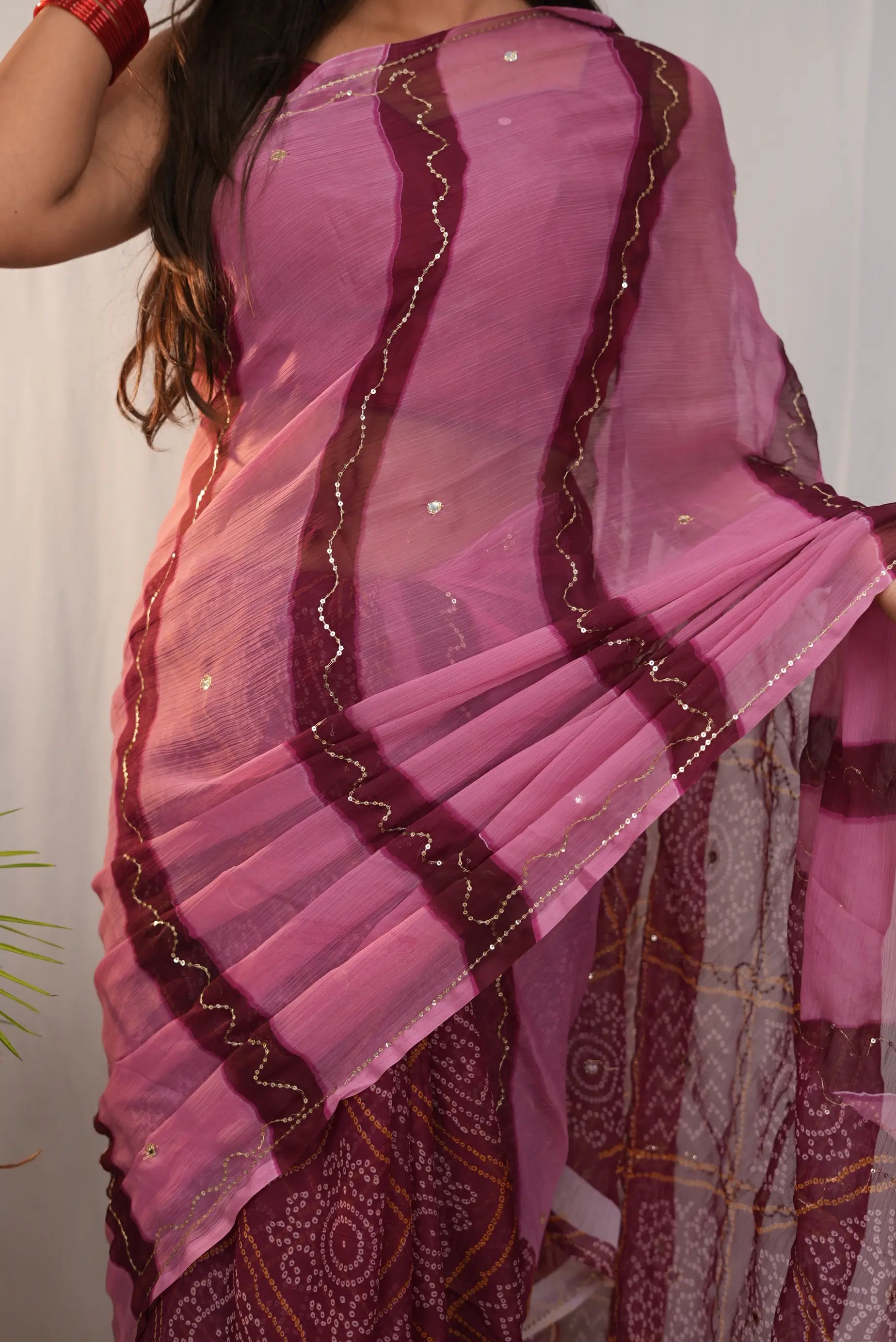 Rajasthani Bandhani Leheriya Saree with Aari Taari & Sequin Work (Without Blouse)