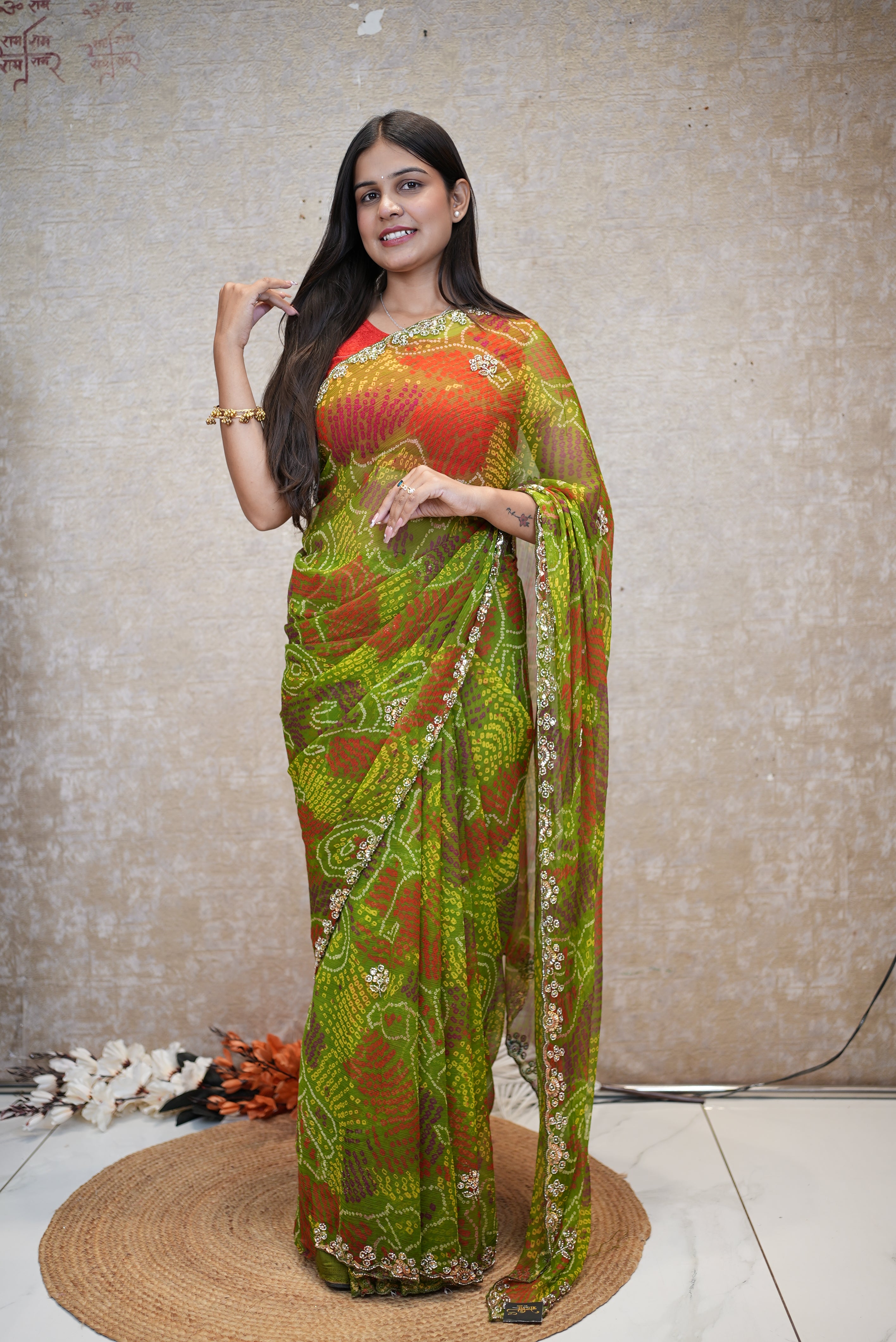 SHEKHAWATI BANDHEJ SAREE WITH SEQUINS & CUTDANA WORK(WITH BLOUSE)