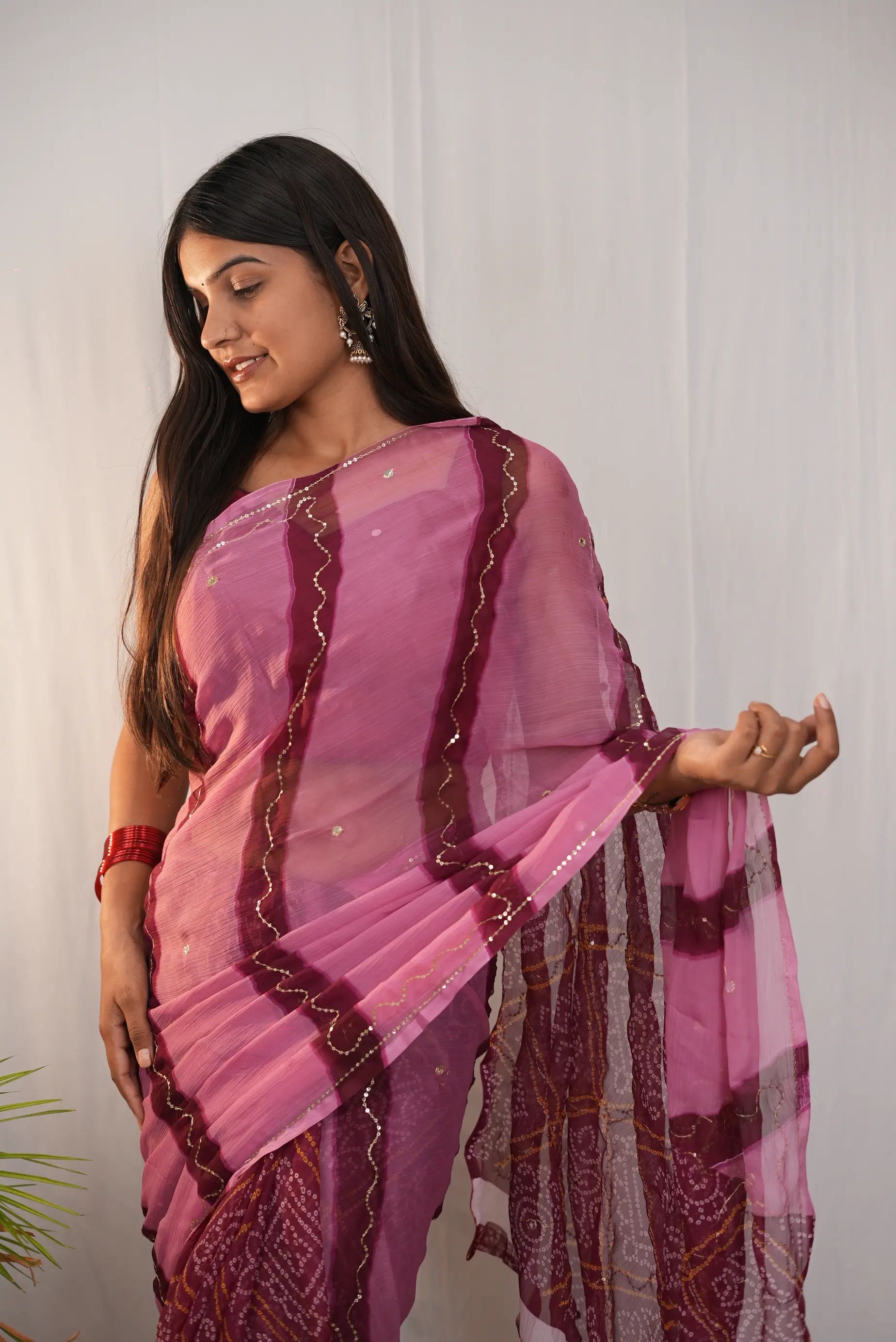 Rajasthani Bandhani Leheriya Saree with Aari Taari & Sequin Work (Without Blouse)