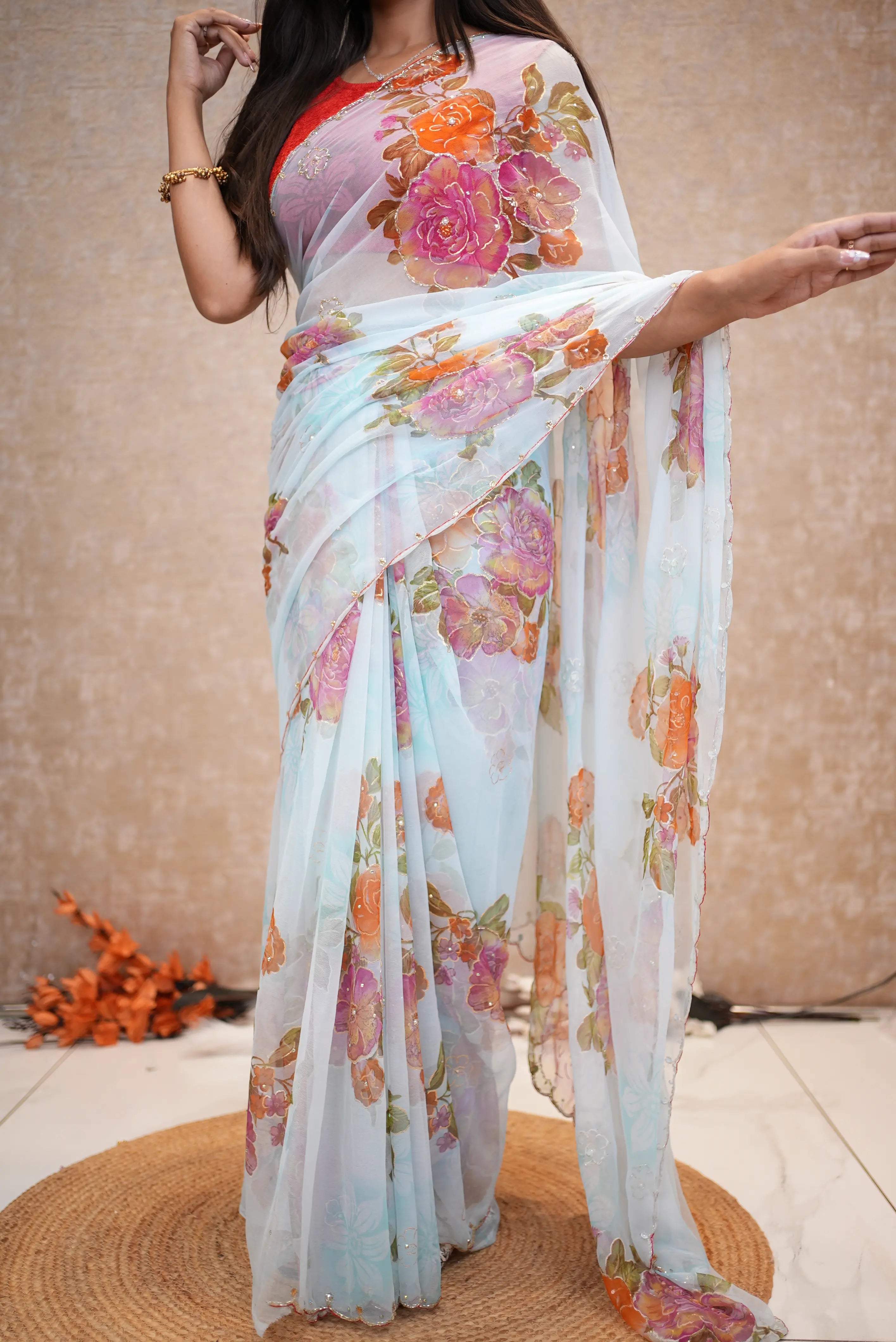 Handwork Touch Flower Print Georgette Fabric Saree (With Blouse)