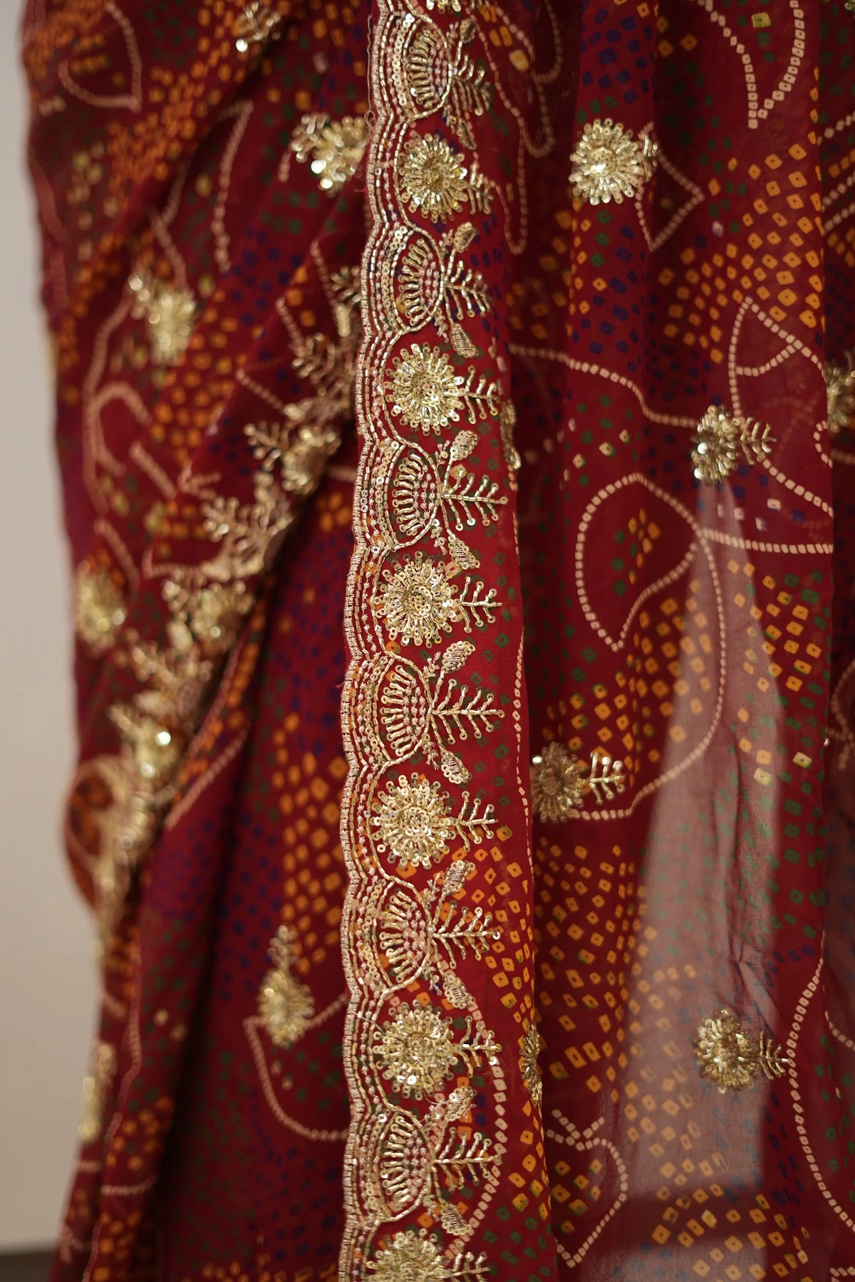 Traditional Shekhawati Bandhej Georgette Saree With Beads Work (With Blouse)
