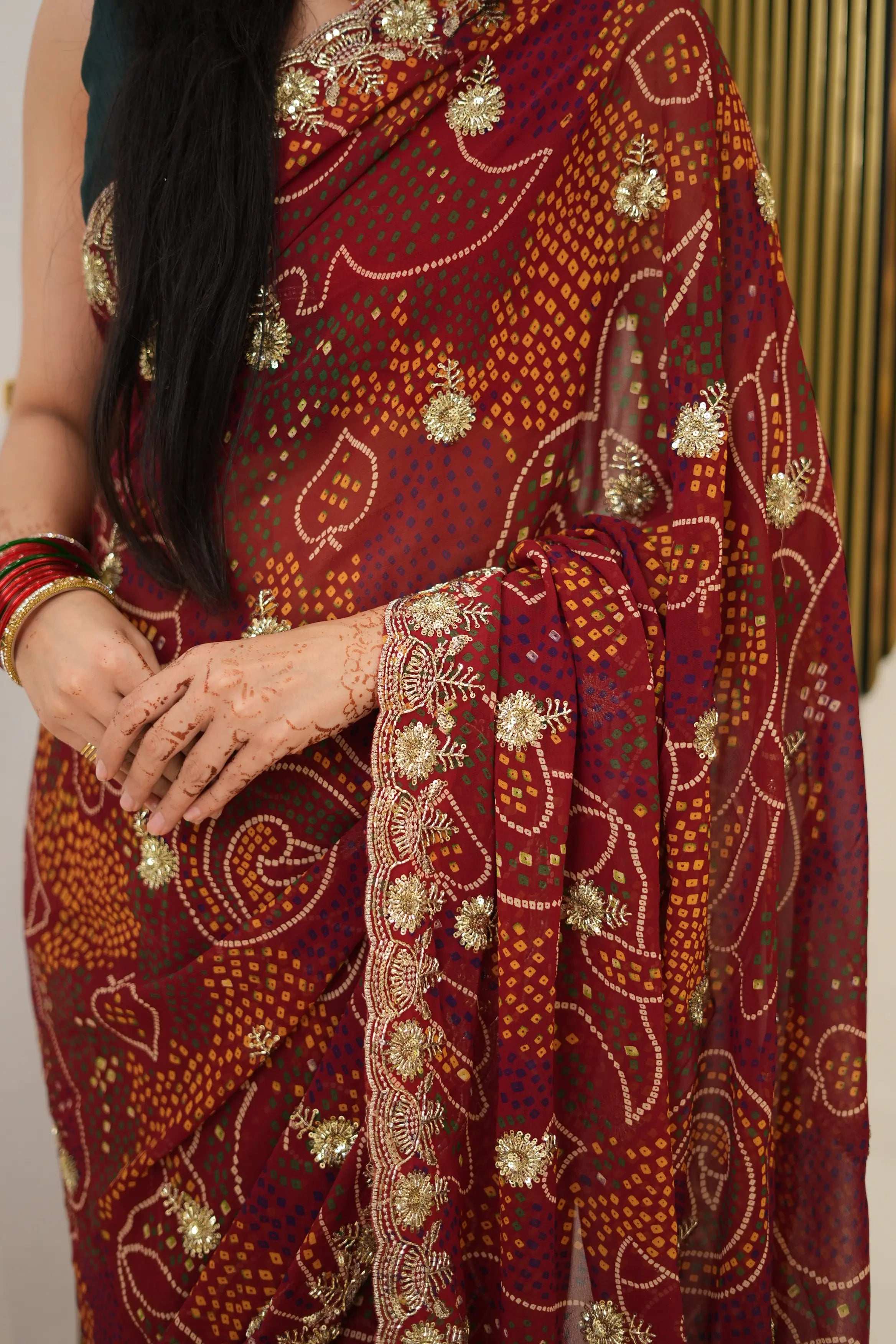Traditional Shekhawati Bandhej Georgette Saree With Beads Work (With Blouse)