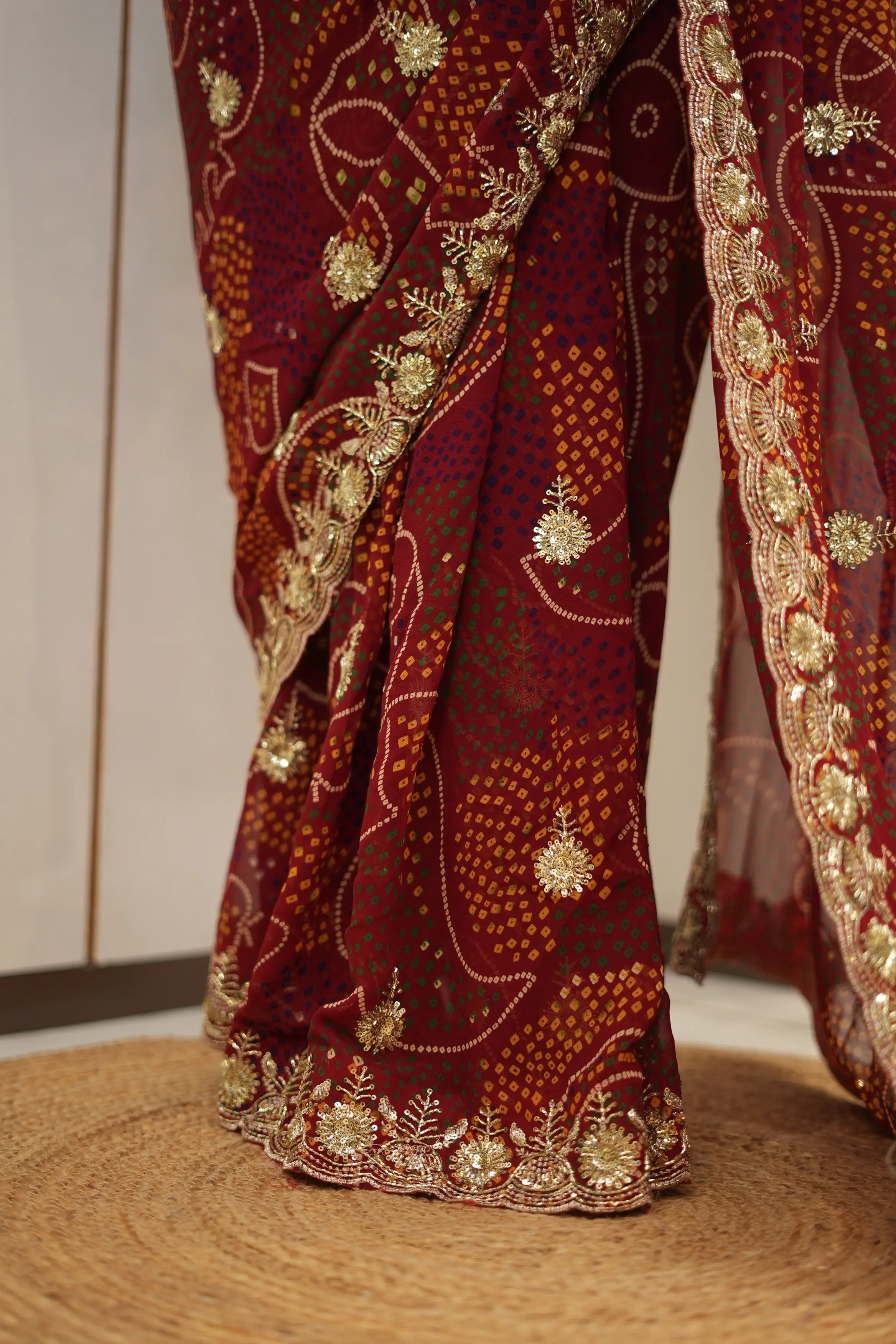 Traditional Shekhawati Bandhej Georgette Saree With Beads Work (With Blouse)
