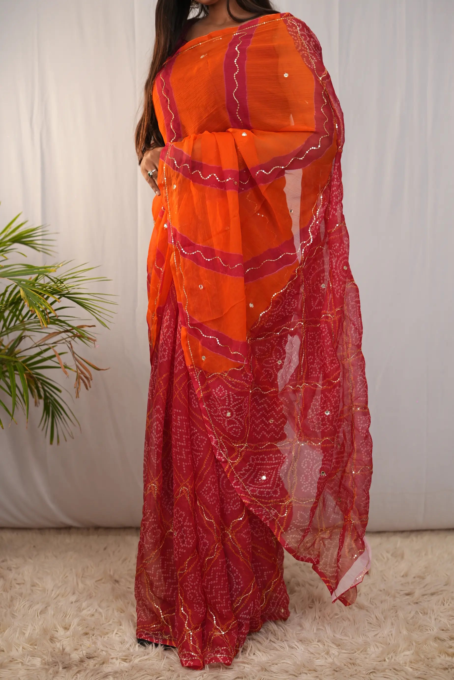 Rajasthani Bandhani Leheriya Saree with Aari Taari & Sequin Work (Without Blouse)