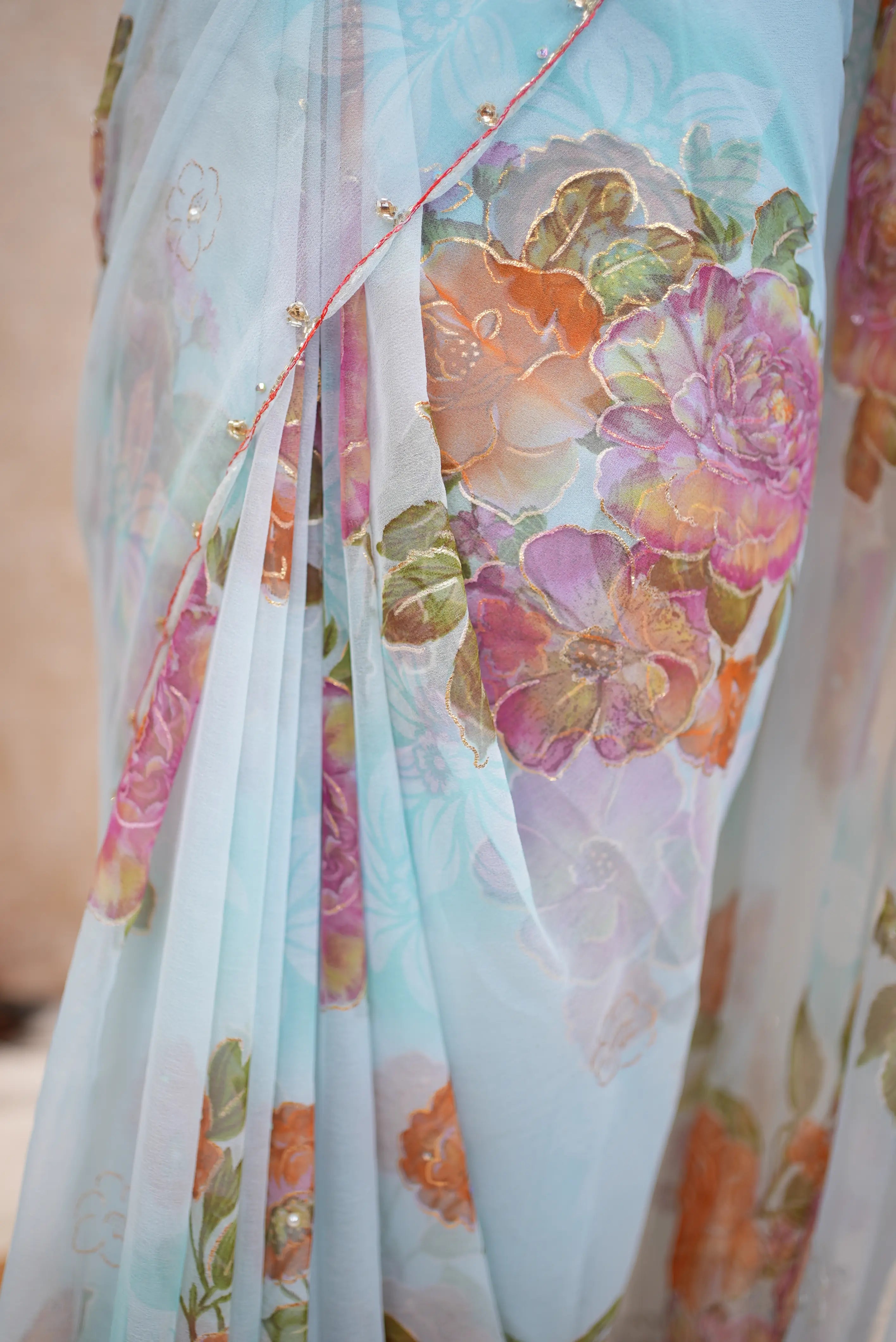 Handwork Touch Flower Print Georgette Fabric Saree (With Blouse)
