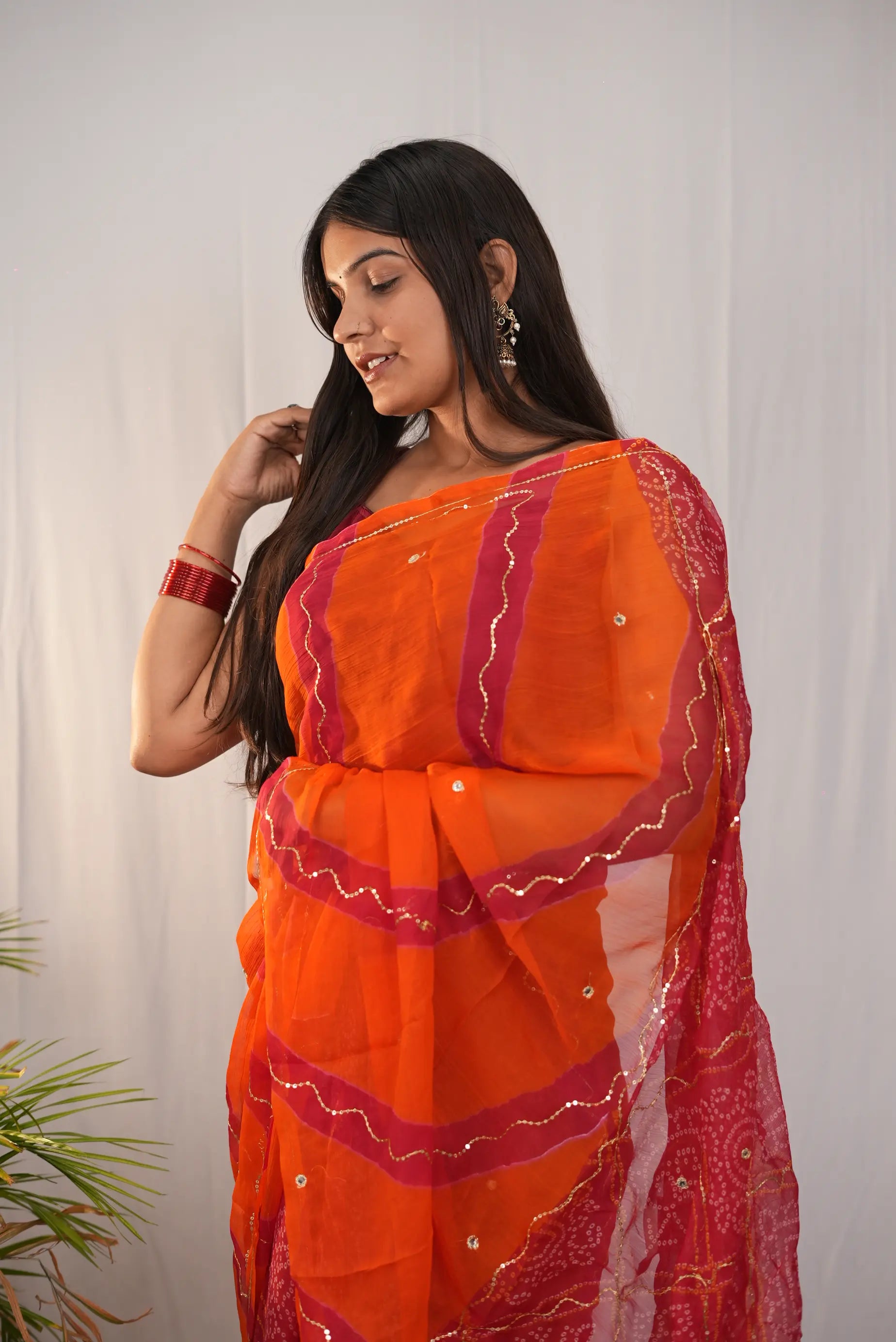Rajasthani Bandhani Leheriya Saree with Aari Taari & Sequin Work (Without Blouse)