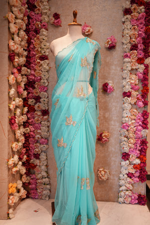 FIGURE PATTERN SAREE WITH SEQUENCE & CUTDANA WORK ON ROYAL GEORGETTE FABRIC (WITH BLOUSE) ##SR598