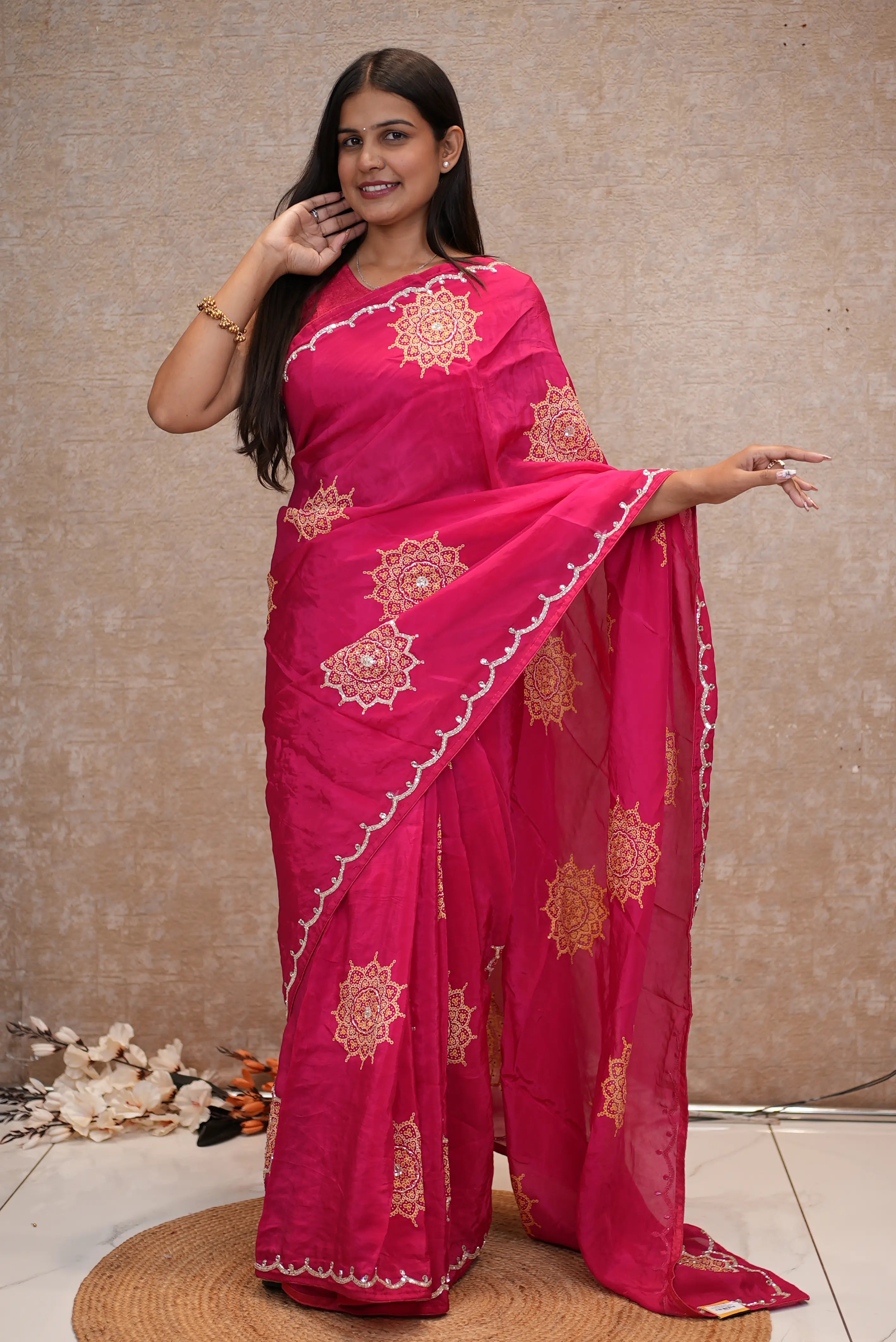 Rani Pink Organza Saree with Mandala Handwork & Sequin Lace Border