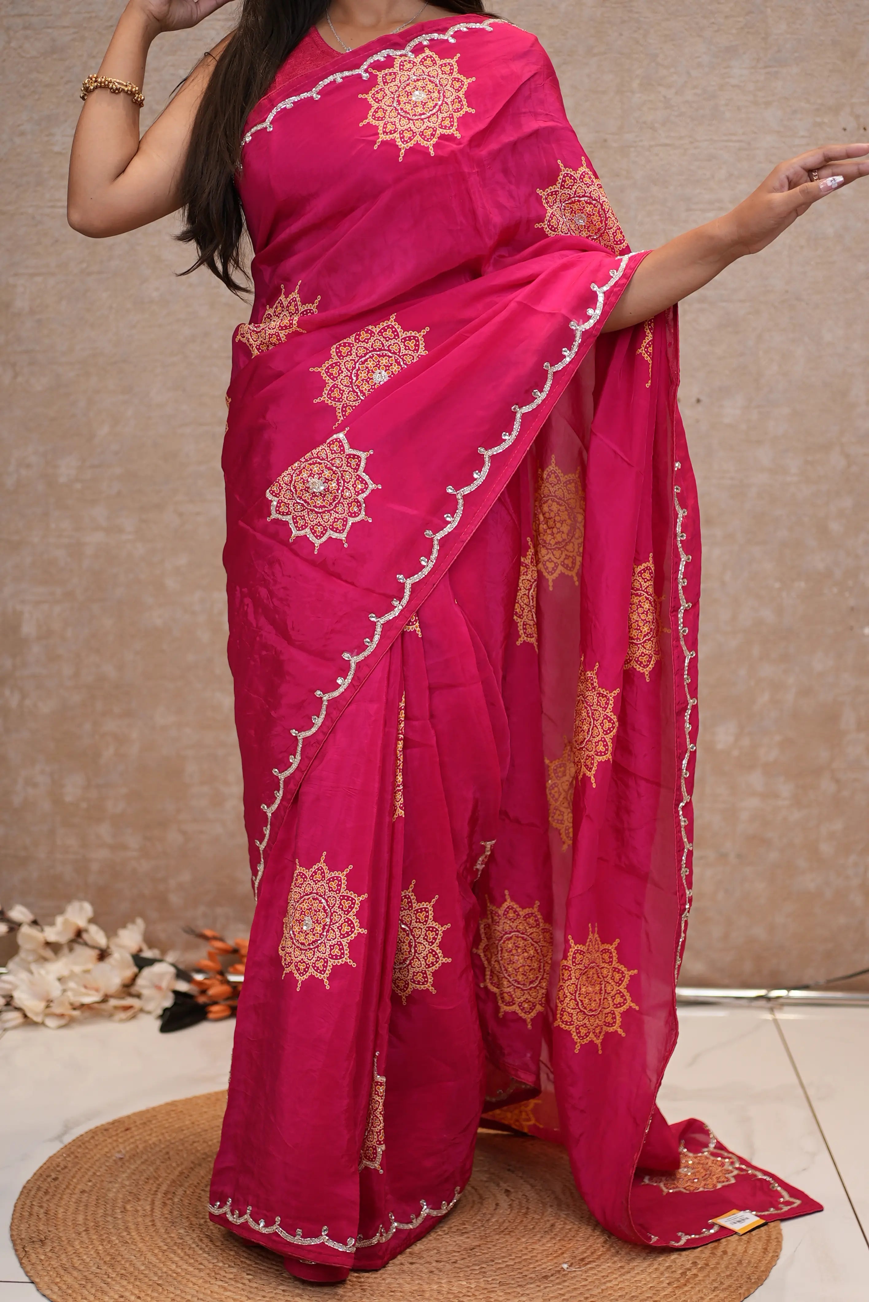 Rani Pink Organza Saree with Mandala Handwork & Sequin Lace Border