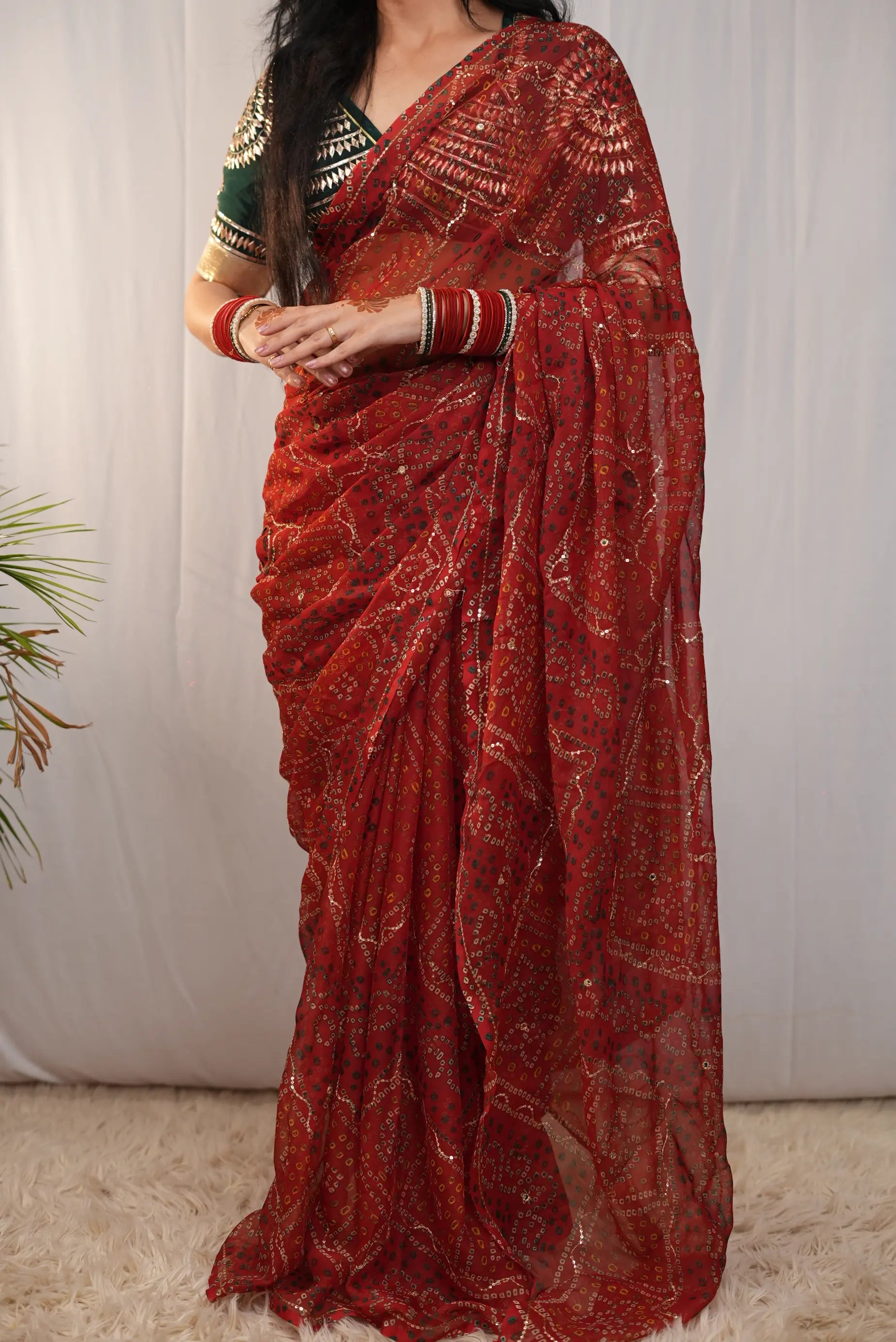 Shimmer Chiffon Shekhawati Bandhani Saree with Aari Taari Jaal Work (Without Blouse)