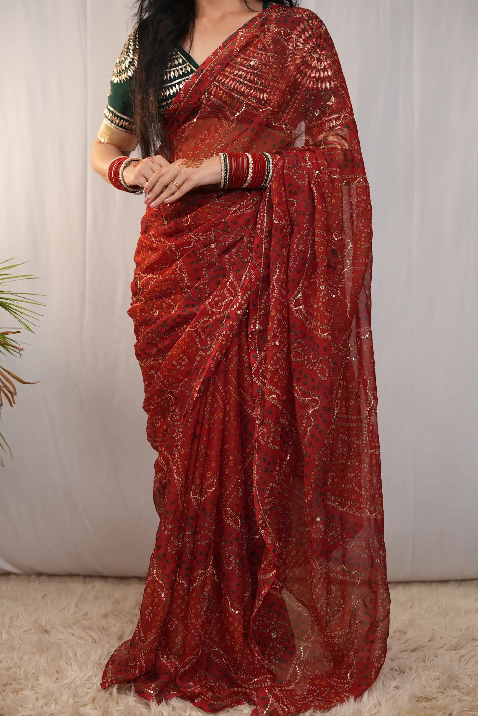 Shimmer Chiffon Shekhawati Bandhani Saree with Aari Taari Jaal Work (Without Blouse)