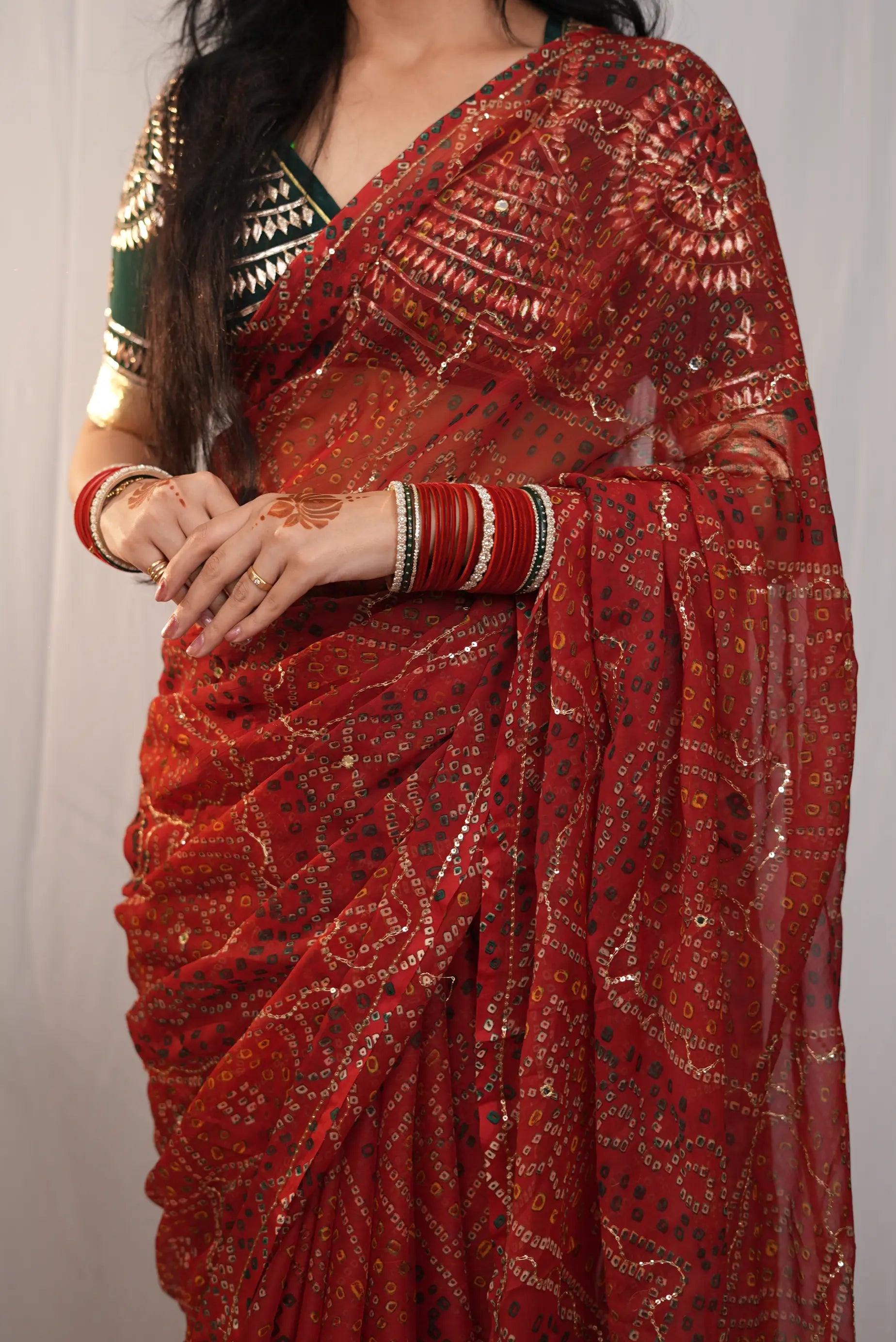 Shimmer Chiffon Shekhawati Bandhani Saree with Aari Taari Jaal Work (Without Blouse)