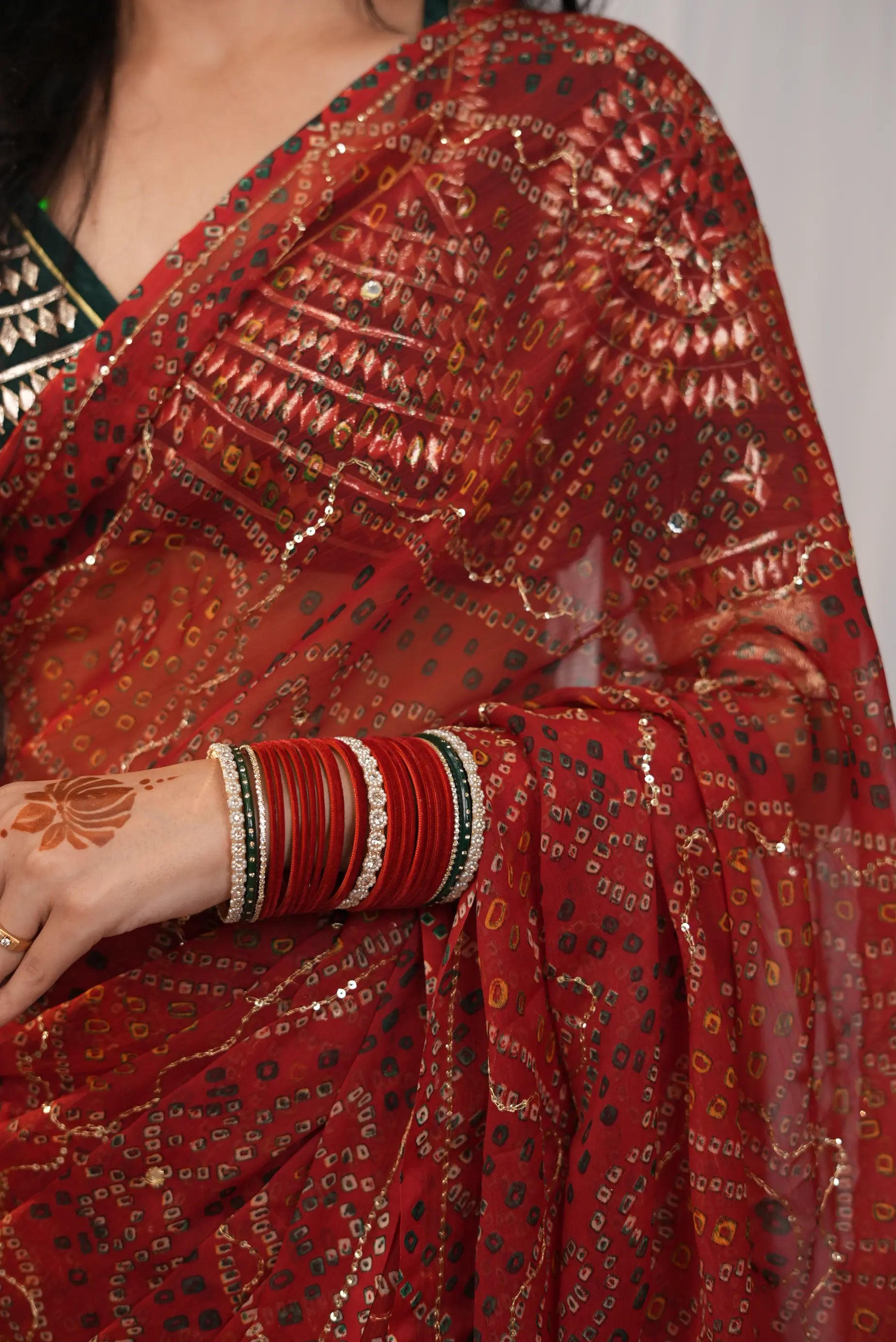 Shimmer Chiffon Shekhawati Bandhani Saree with Aari Taari Jaal Work (Without Blouse)