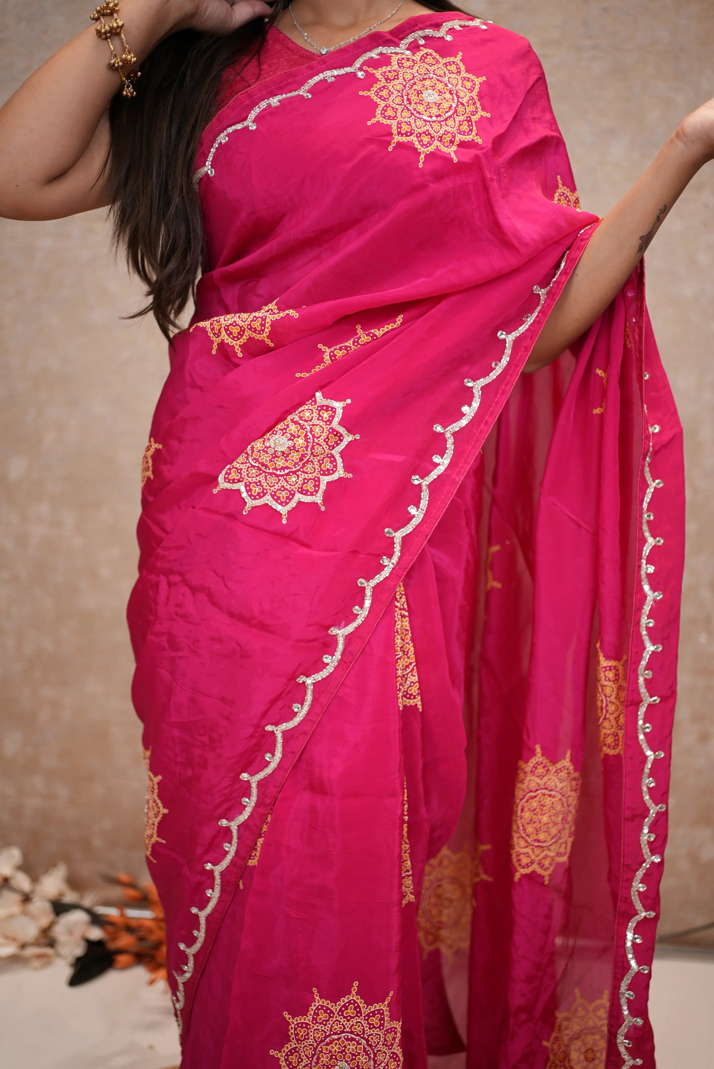 Rani Pink Organza Saree with Mandala Handwork & Sequin Lace Border