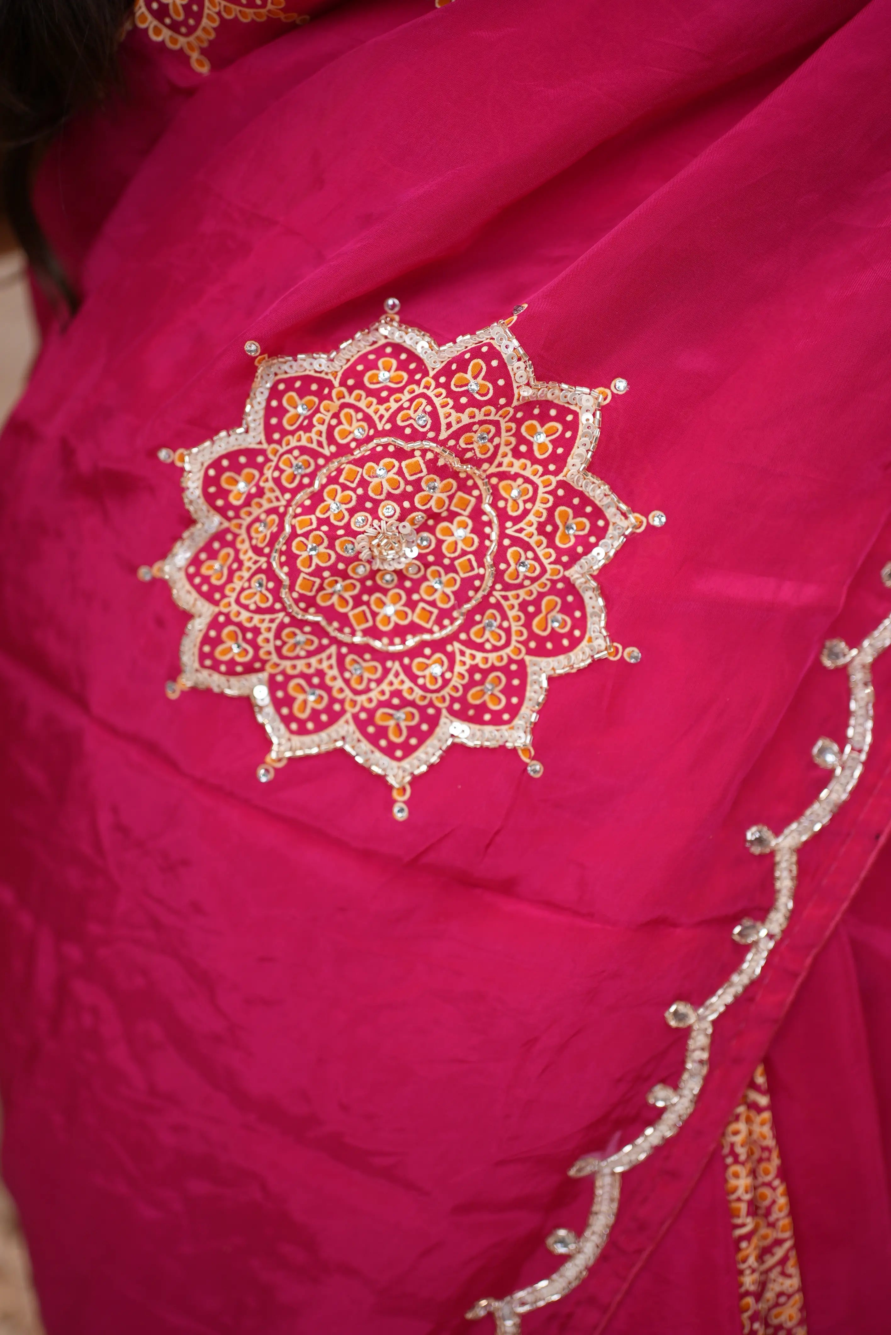 Rani Pink Organza Saree with Mandala Handwork & Sequin Lace Border
