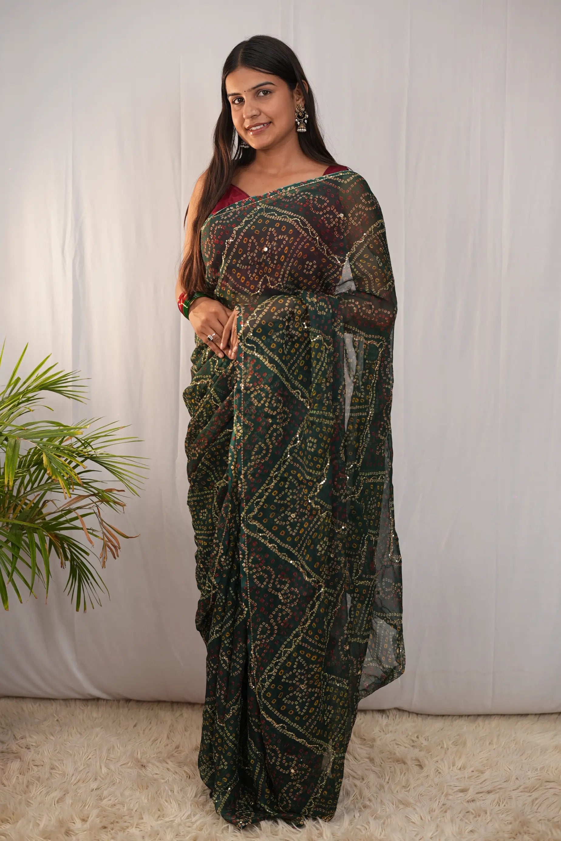 Shimmer Chiffon Shekhawati Bandhani Saree with Aari Taari Jaal Work (Without Blouse)
