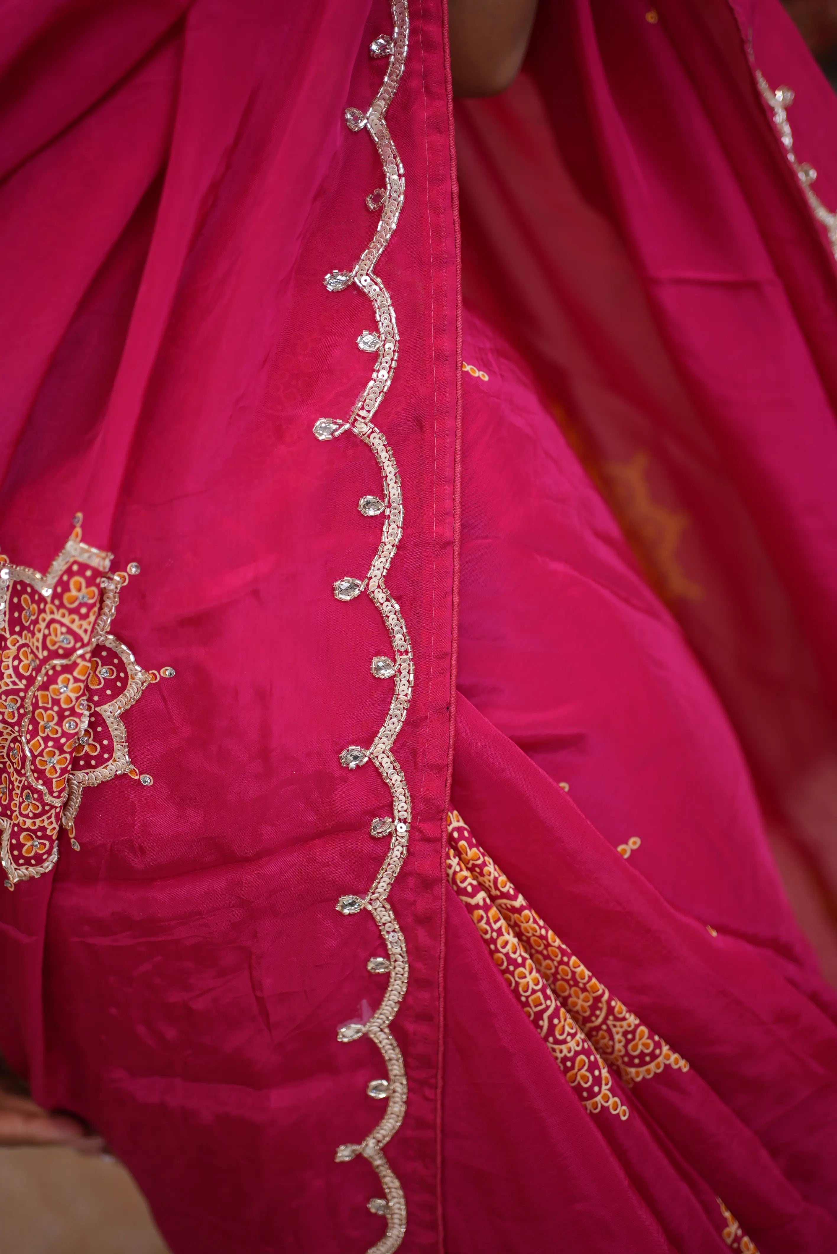 Rani Pink Organza Saree with Mandala Handwork & Sequin Lace Border