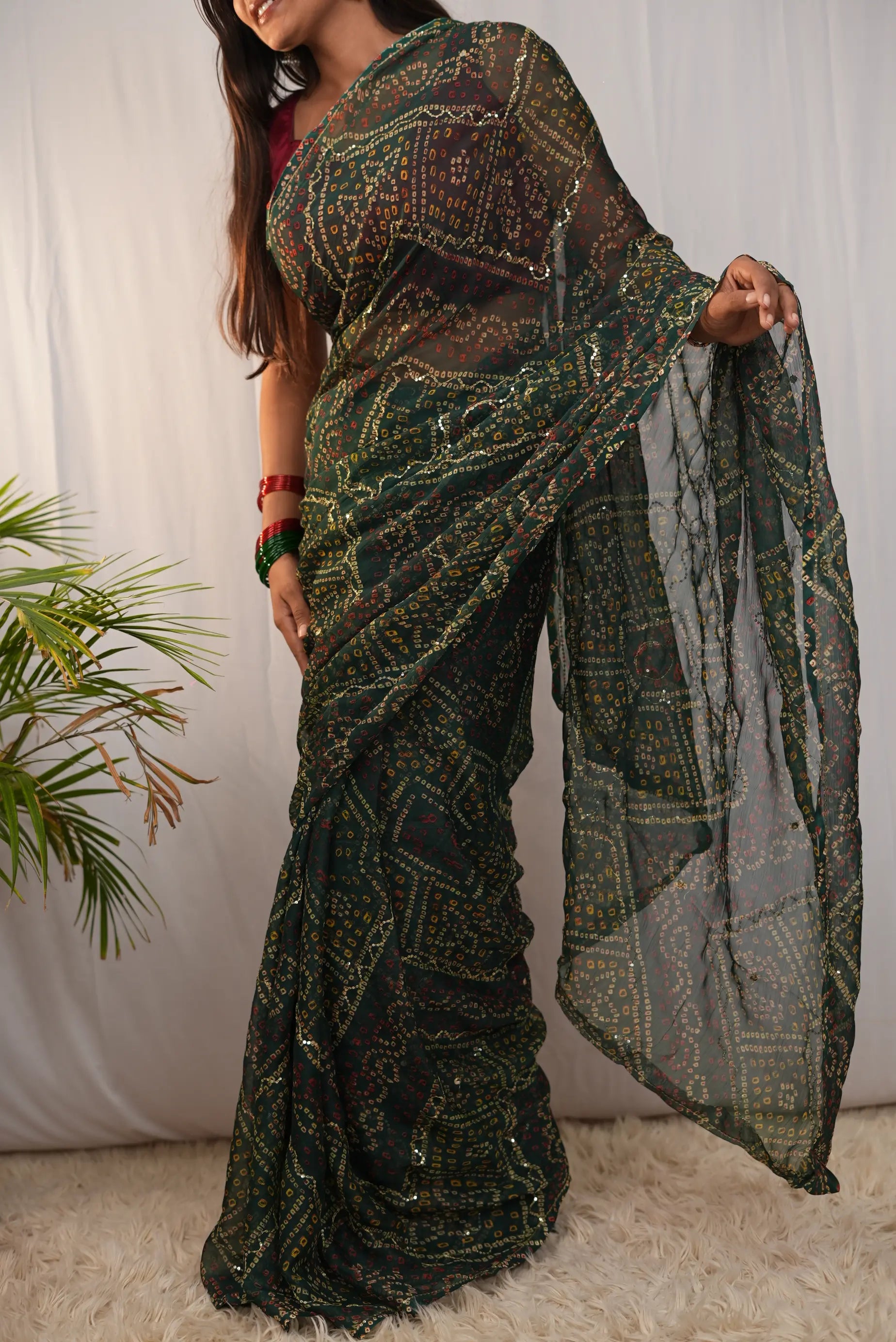 Shimmer Chiffon Shekhawati Bandhani Saree with Aari Taari Jaal Work (Without Blouse)