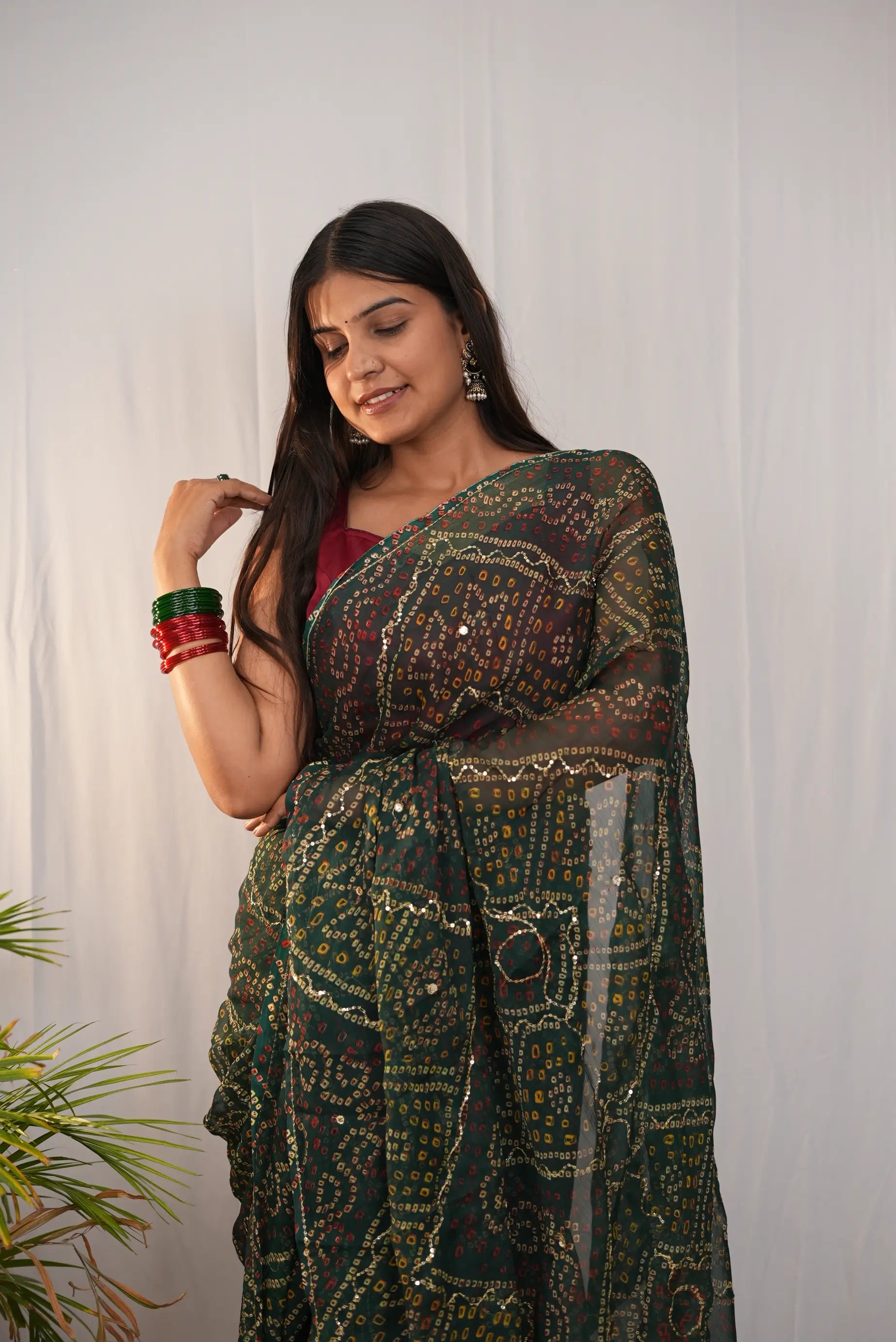 Shimmer Chiffon Shekhawati Bandhani Saree with Aari Taari Jaal Work (Without Blouse)