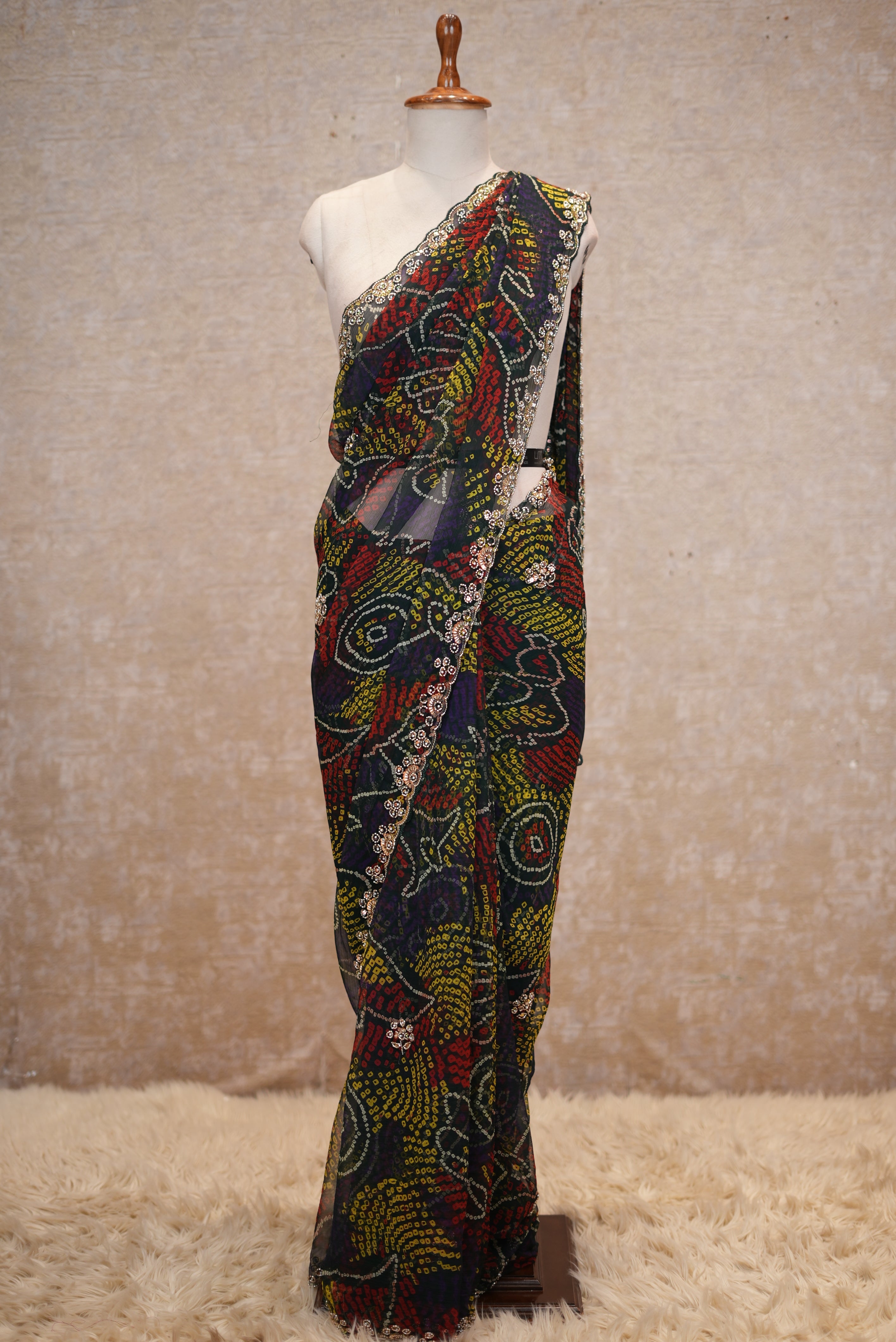 SHEKHAWATI BANDHEJ SAREE WITH SEQUINS & CUTDANA WORK(WITH BLOUSE)